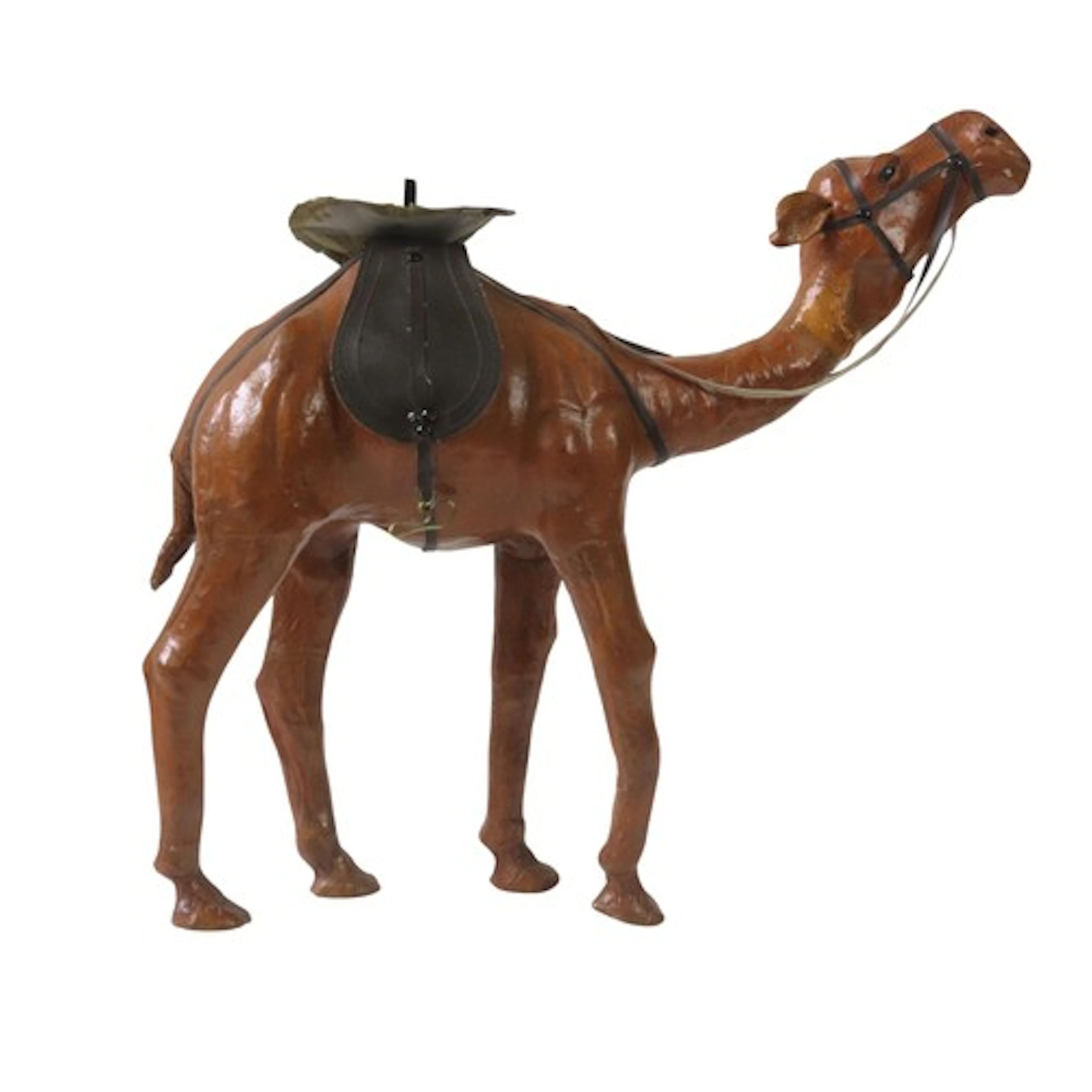 A VINTAGE LEATHER COVERED MODEL OF A DROMEDARY CAMEL MID 20T...