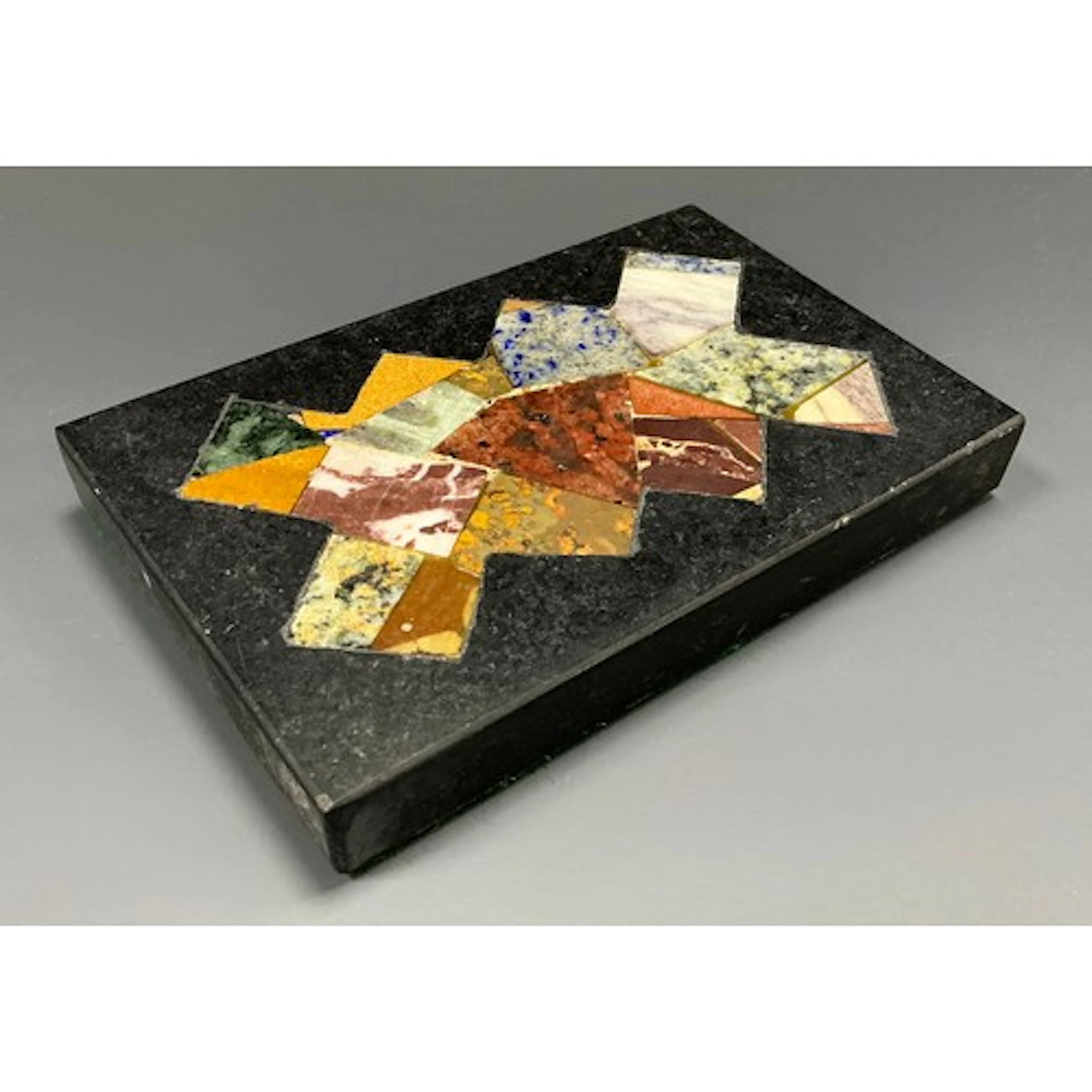 A marble rectangular desk weight, pietra dura inlaid with la...