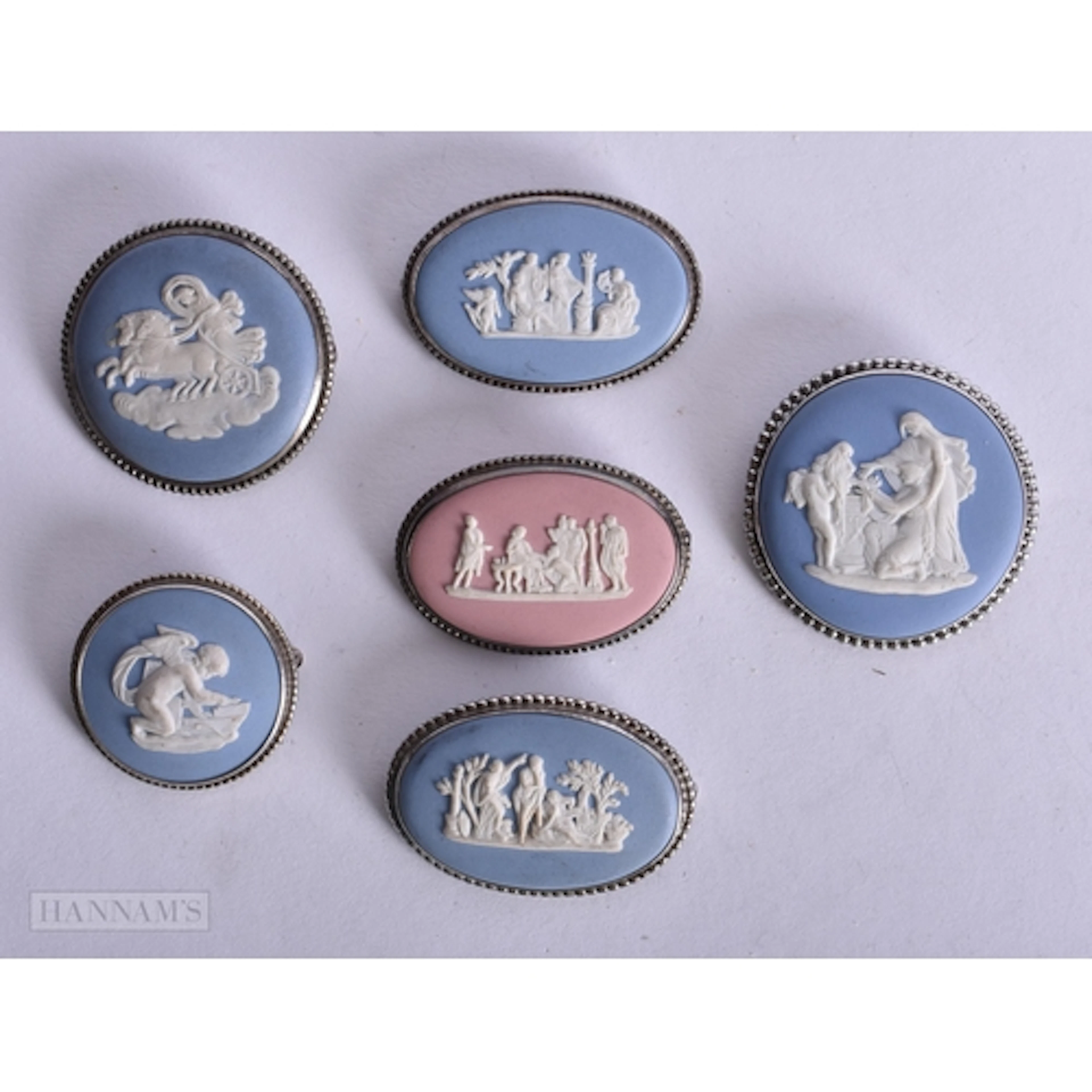 Collection of Sterling Silver Wedgwood Brooches inc. Three G...