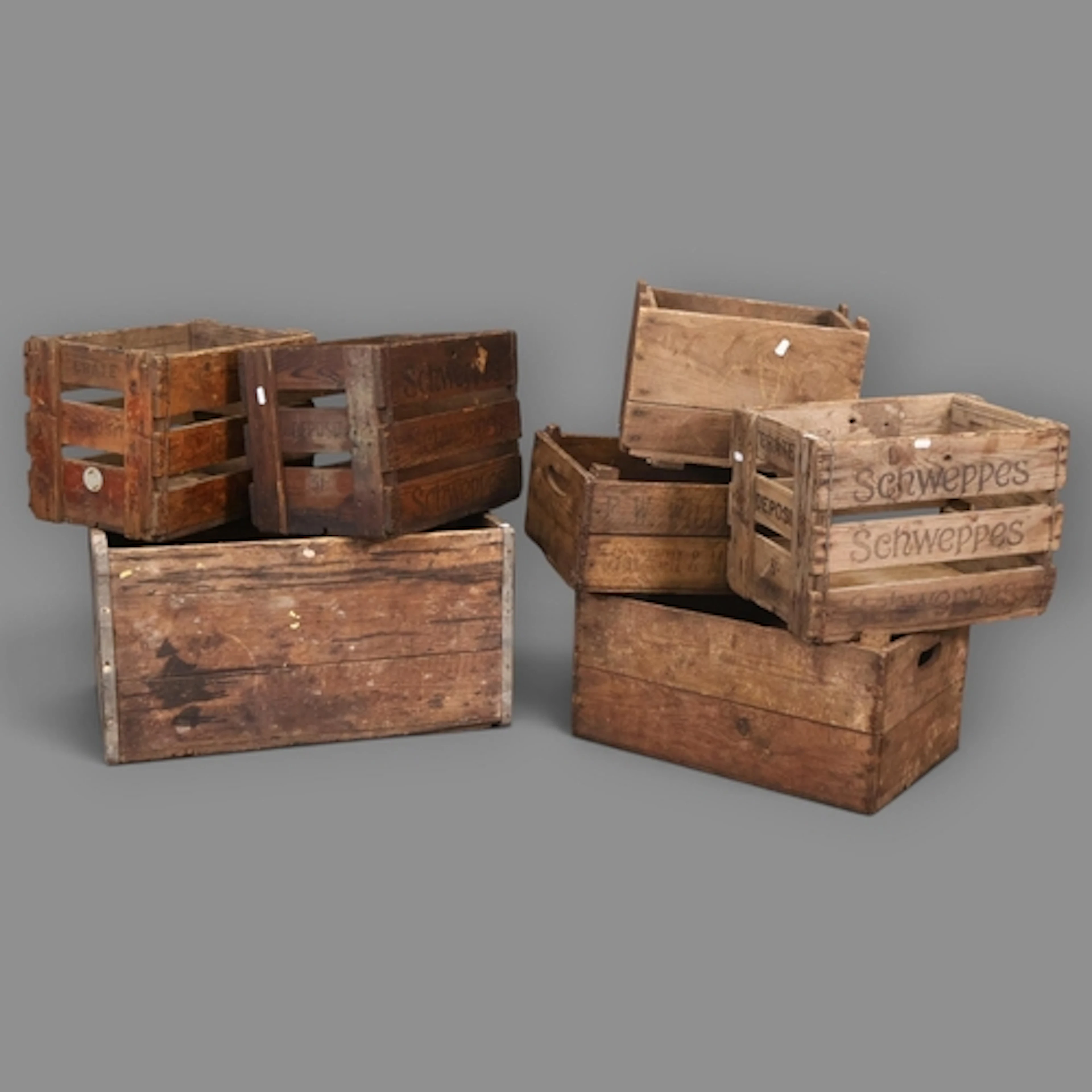A quantity of 7 various vintage pine crates, stencilled lett...