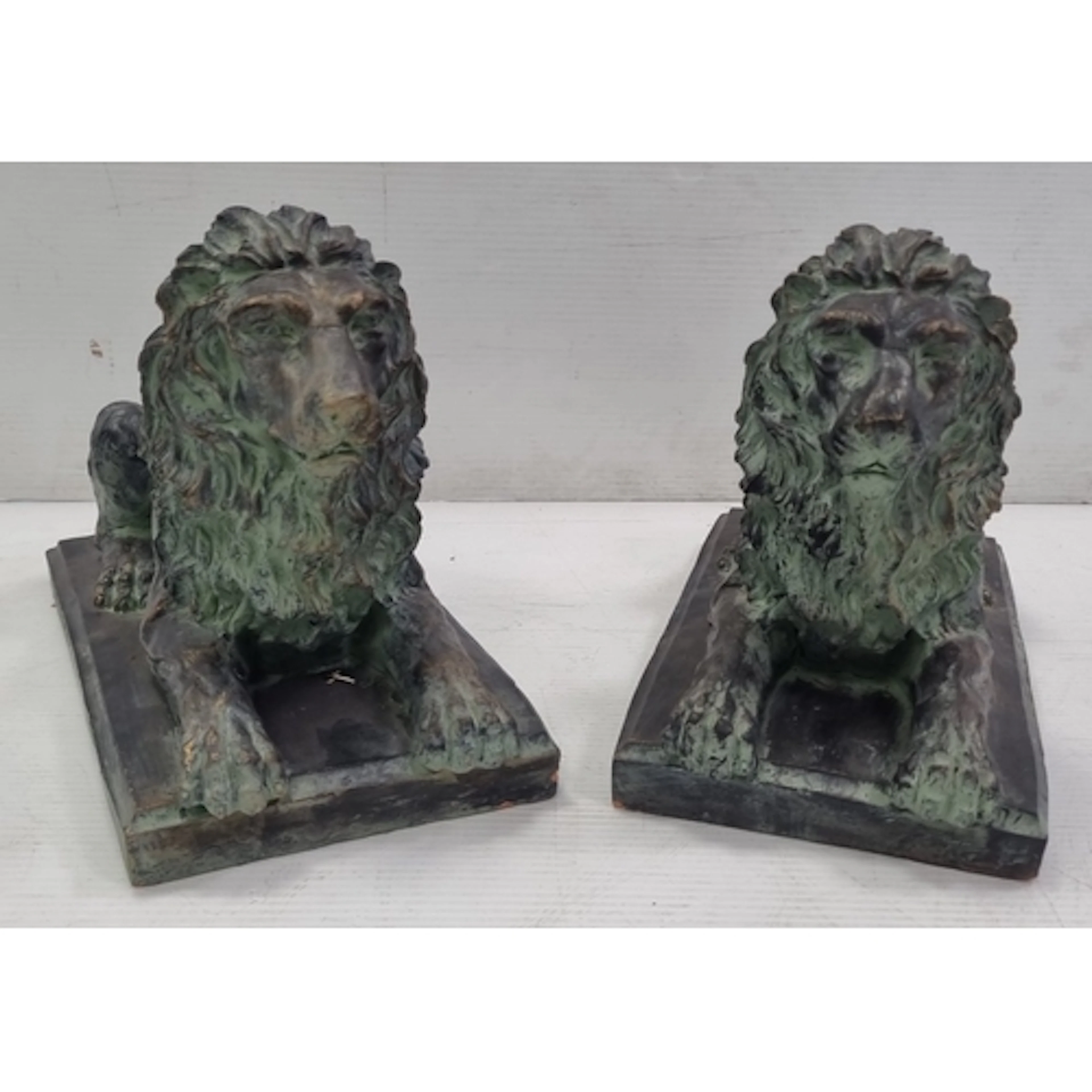 Pair of Verdigris Bronze-Finished Recumbent Lion Sculptures,...