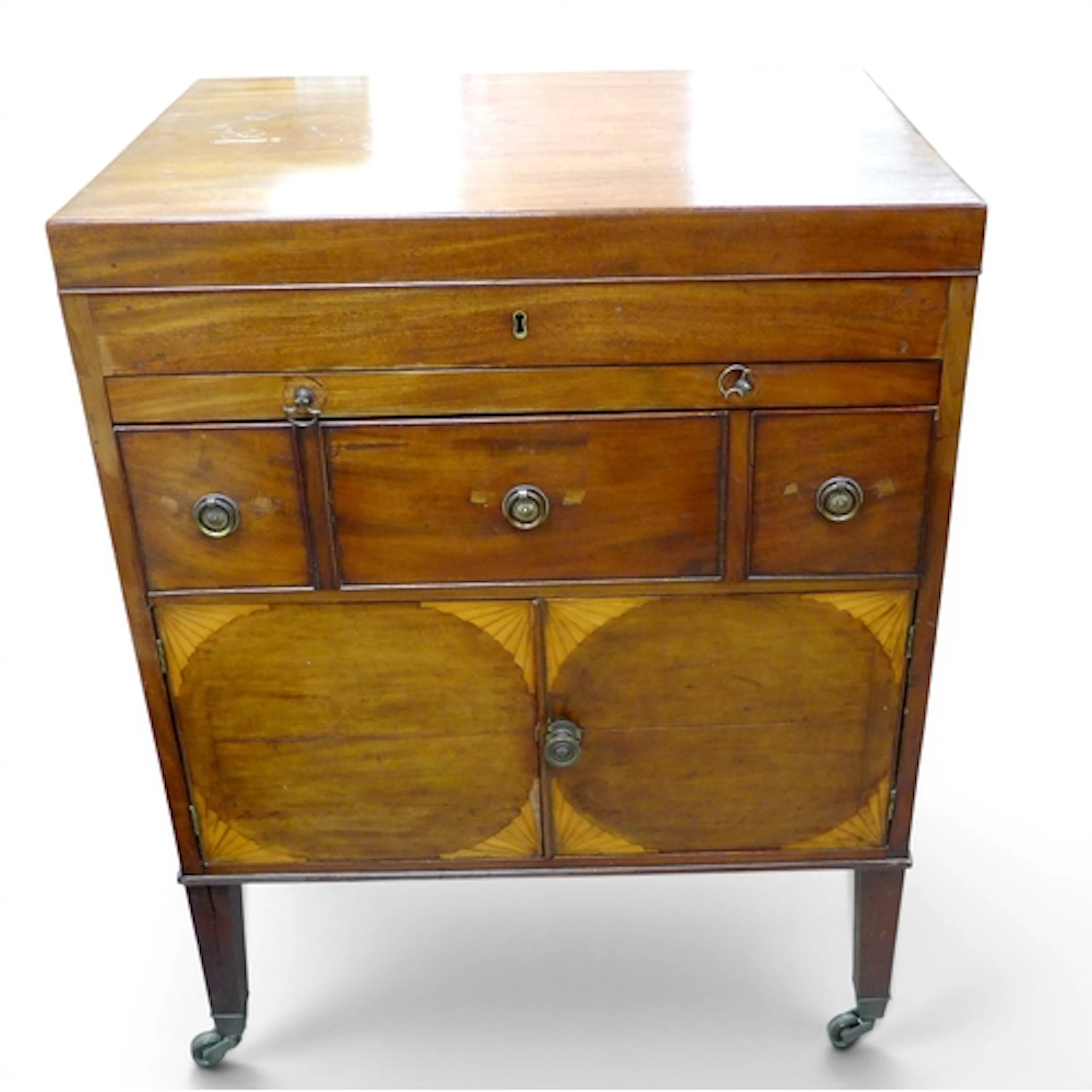 A GEORGE III MAHOGANY DRESSING CHEST. inlaid with fan patera...