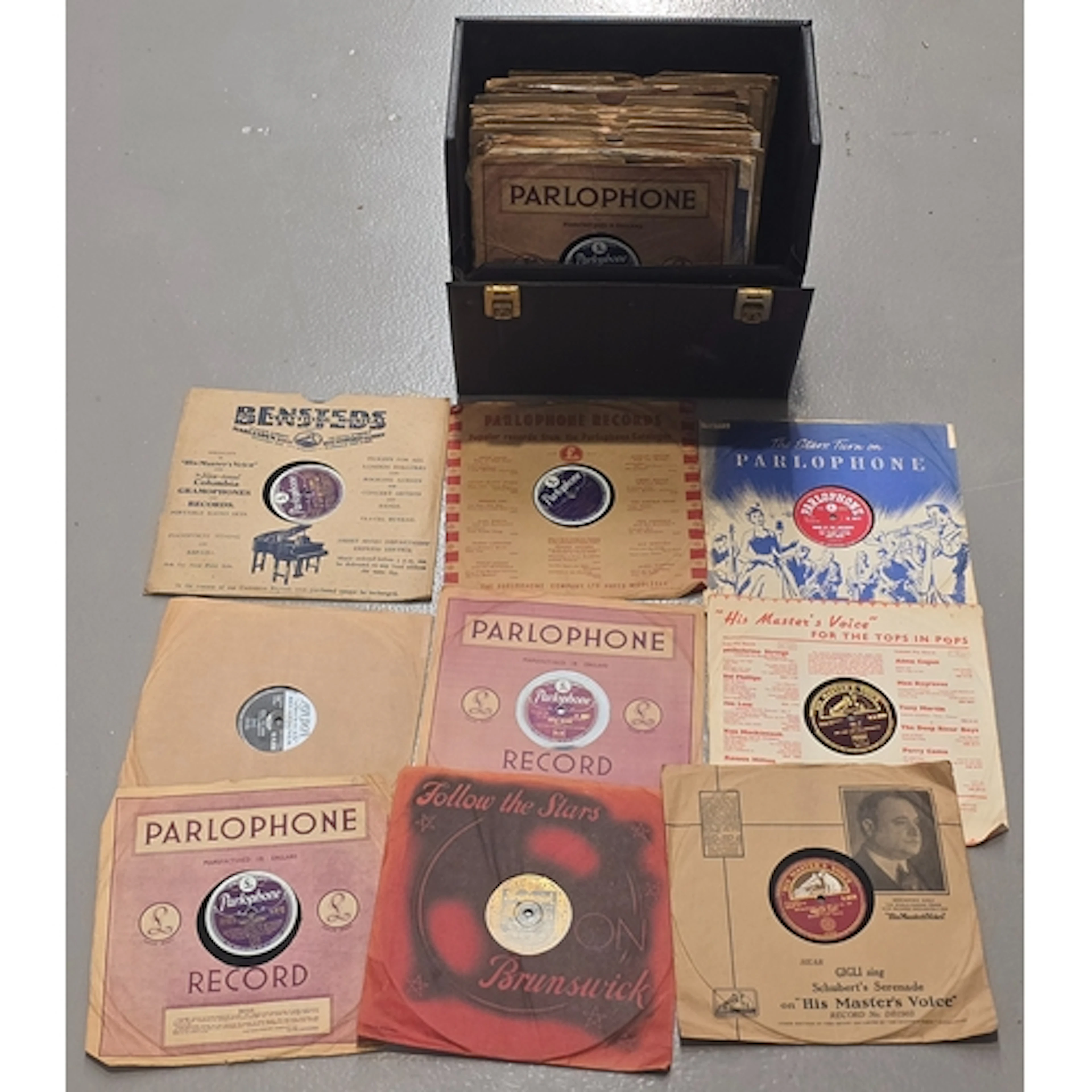 A case of jazz/swing 78rpm gramophone records. Artists "L" t...