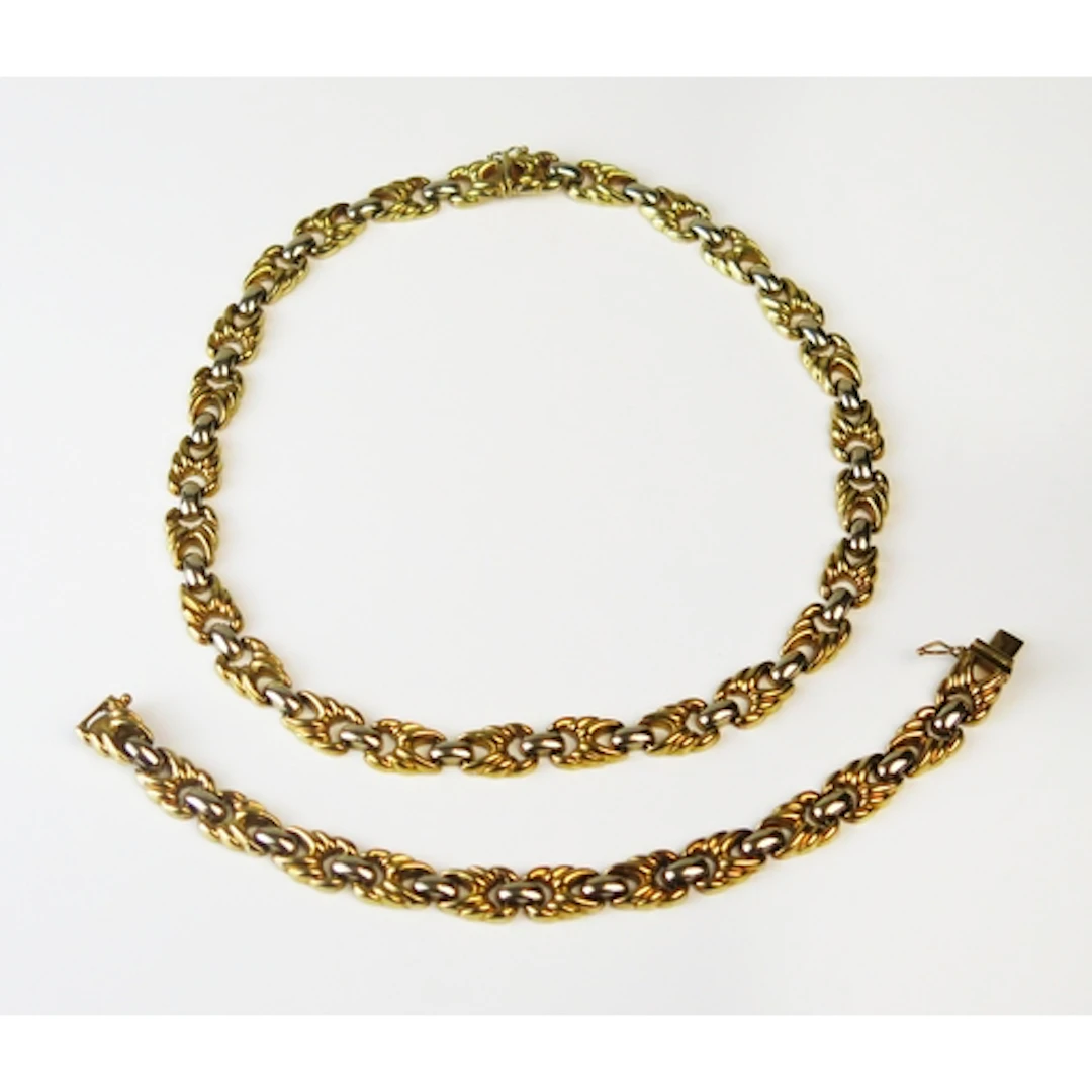 A 9ct gold fancy link necklace by Pobjoy, 42cm long, with ma...
