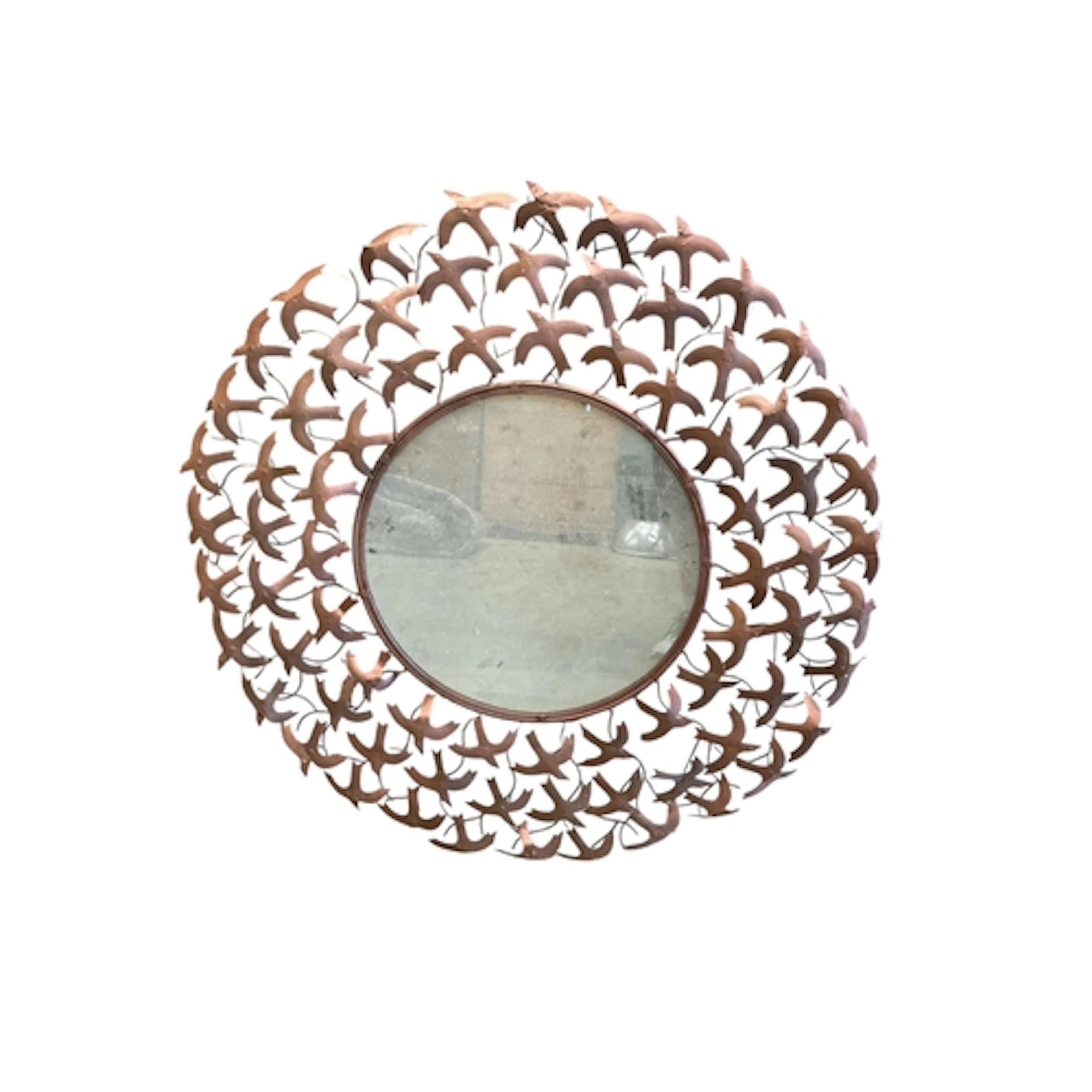 A circular contemporary copper coloured mirror with flying b...