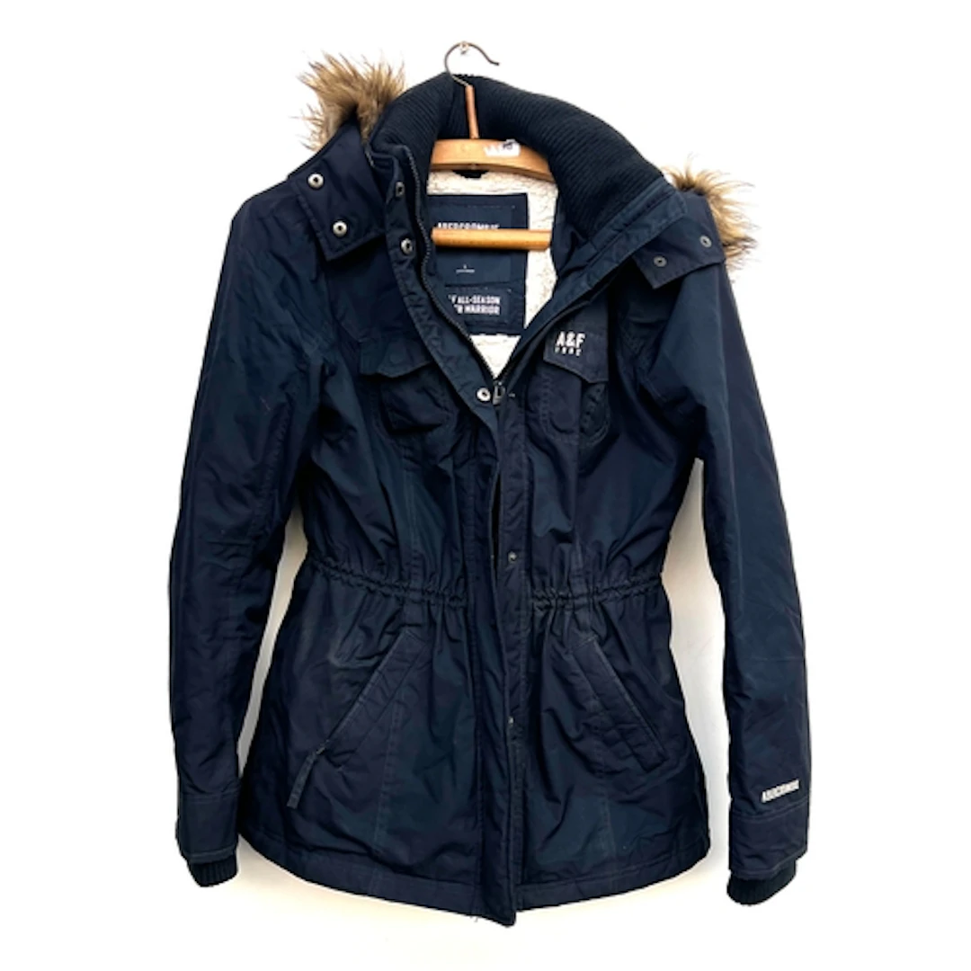 An Abercrombie parka coat with faux fur lined hood, size L