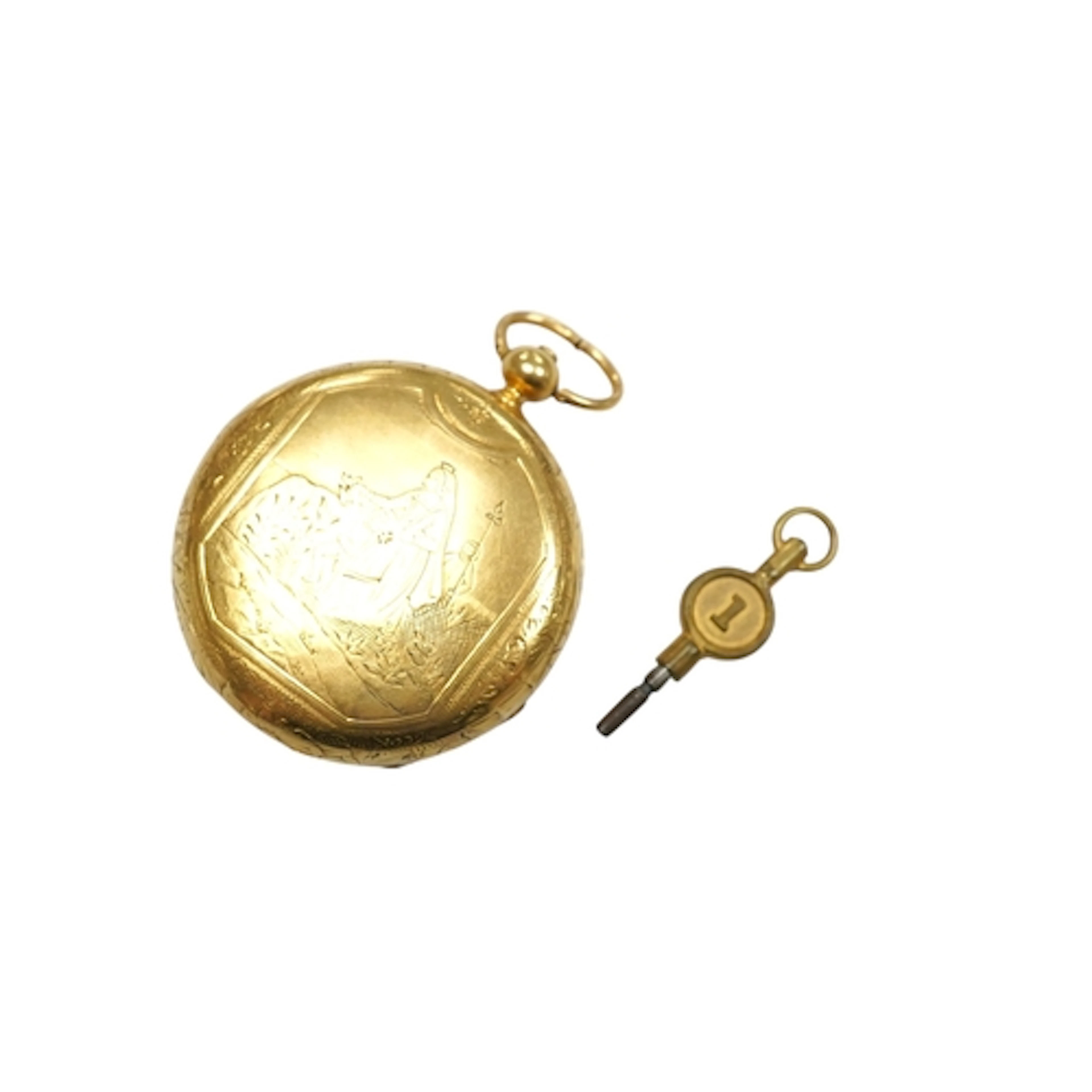 A Swiss unmarked yellow metal hunter key wind pocket watch, ...