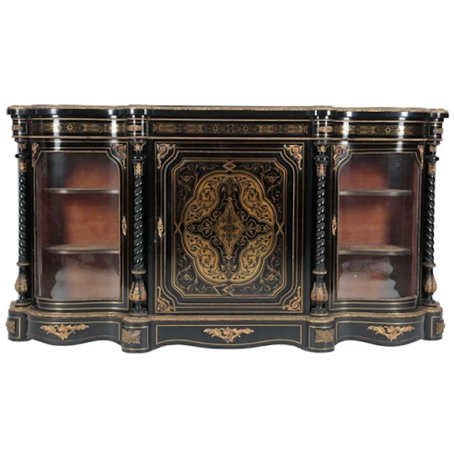 A French gilt metal mounted, cut brass inlaid ebonised crede...