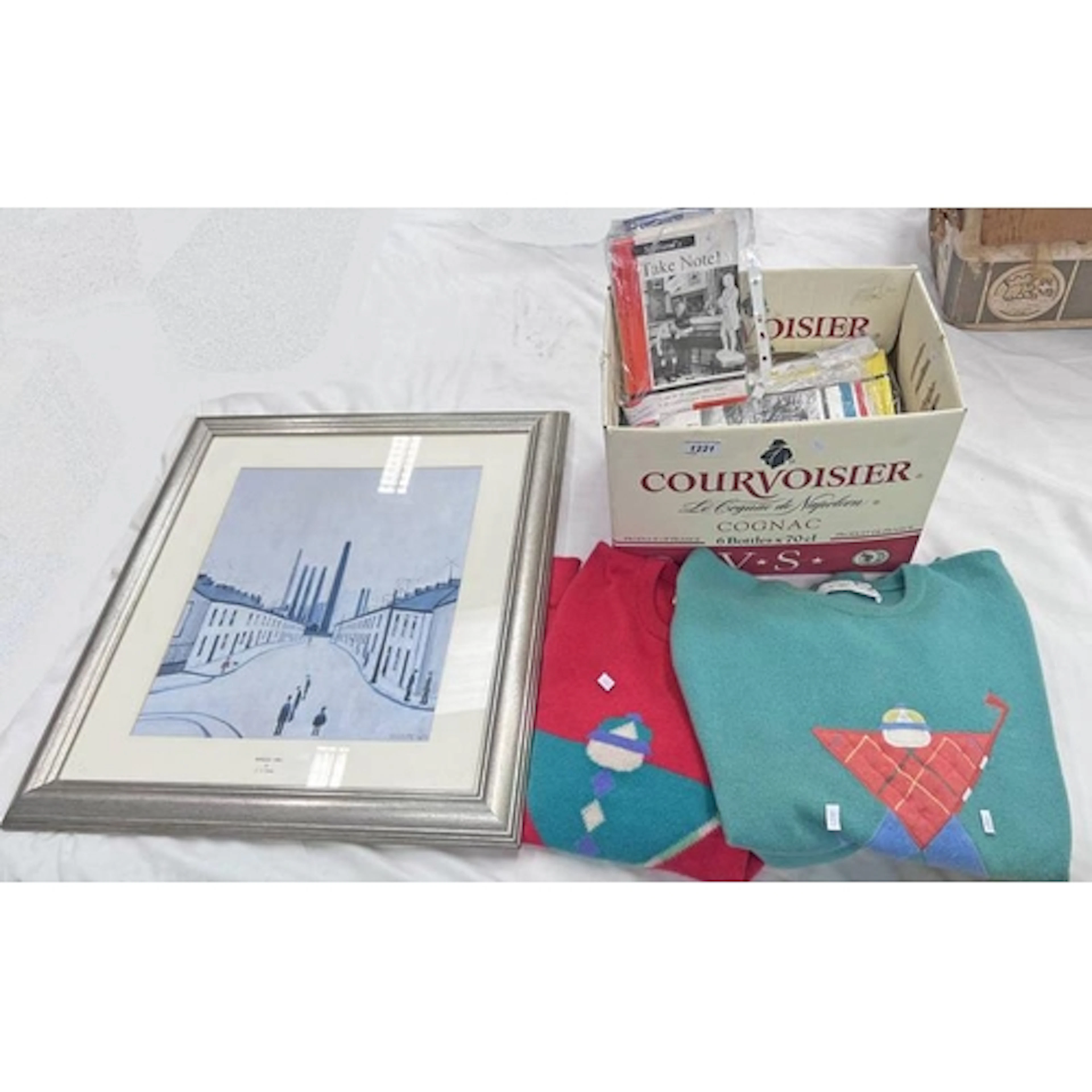TWO VINTAGE PRINGLE GOLF TOPS, FRAMED LOWRY PRINT AND A SELE...