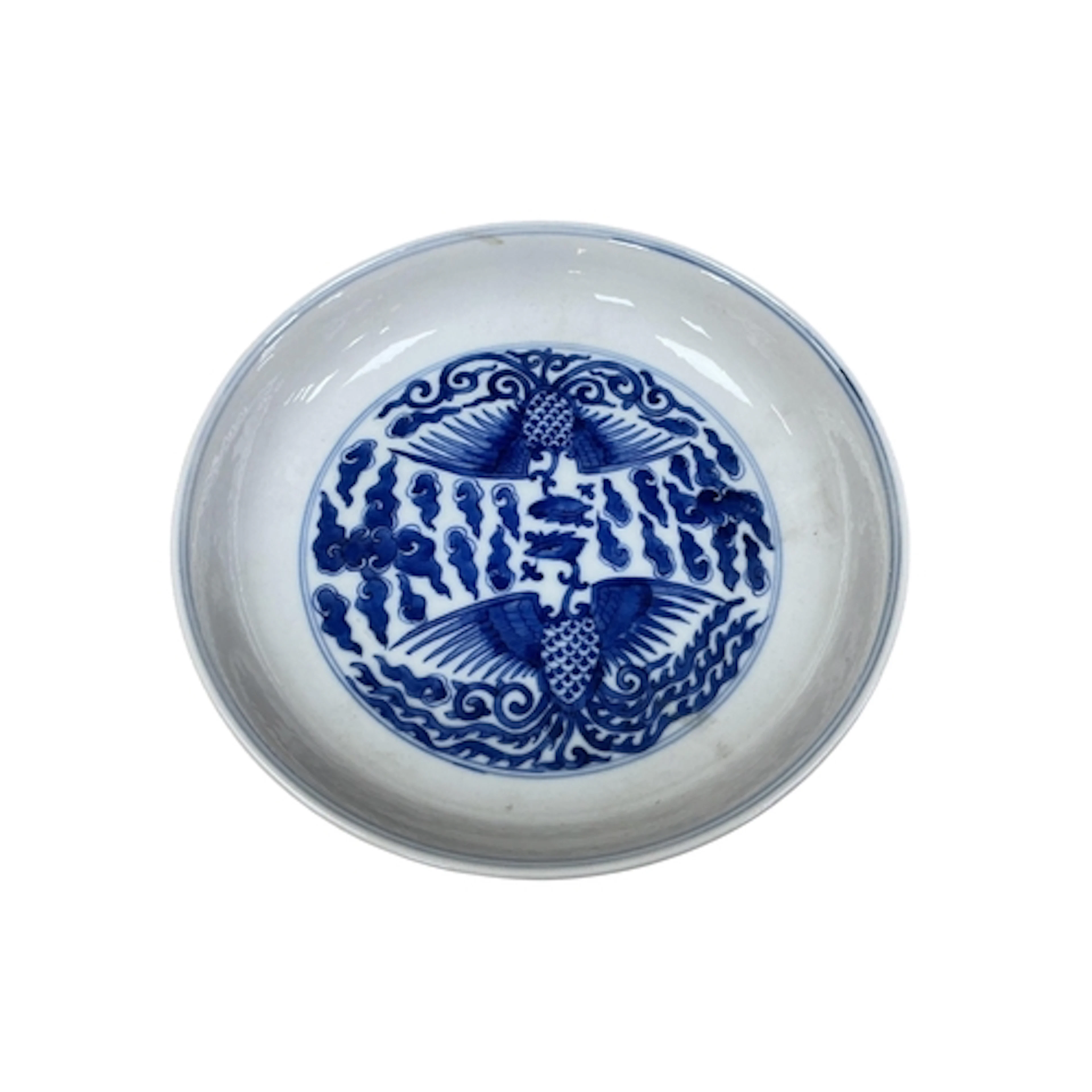 A Chinese blue and white 'double phoenix' saucer dish, Guang...