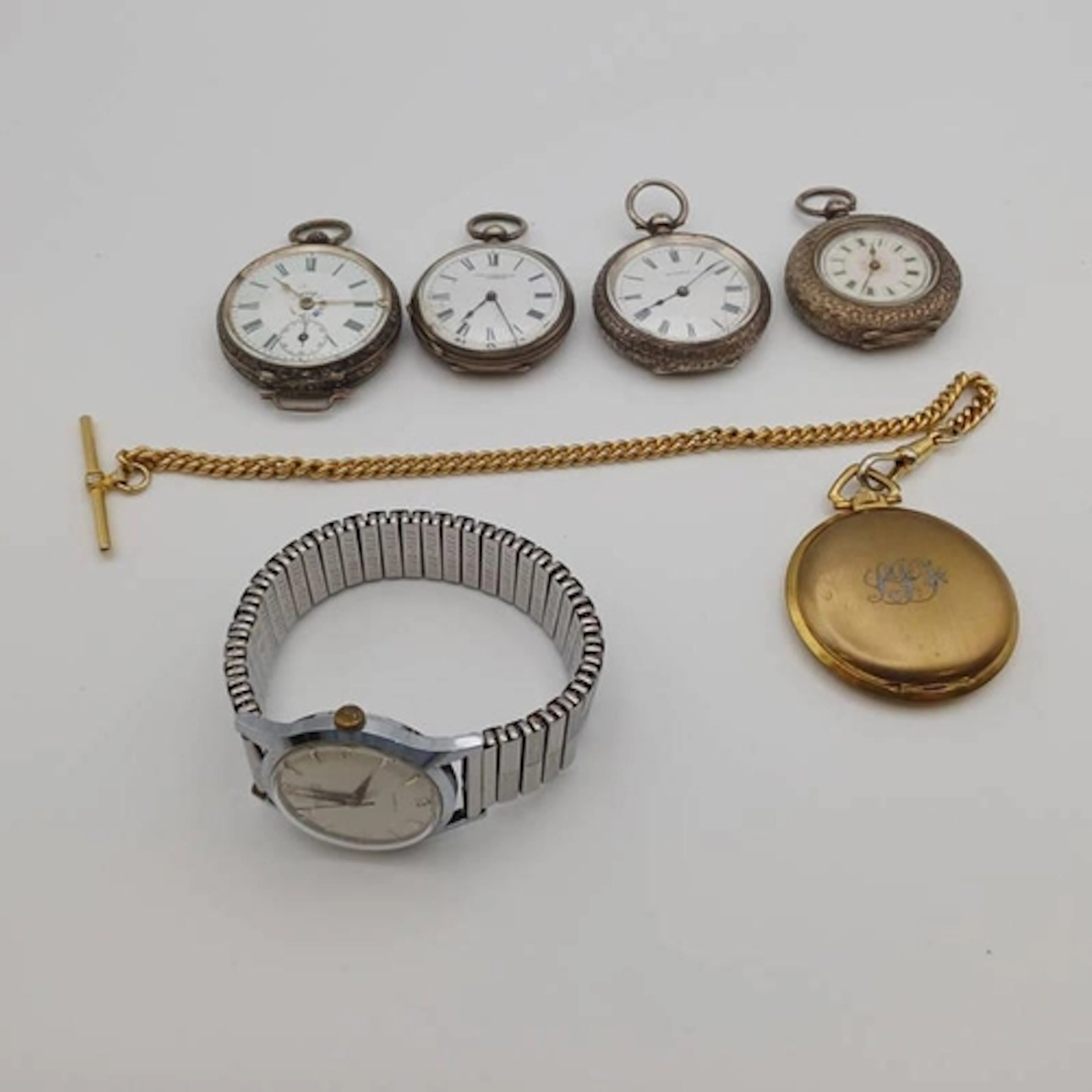 4 SILVER CASED FOB H SAMUEL POCKET WATCH IN GILT METAL CASE ...