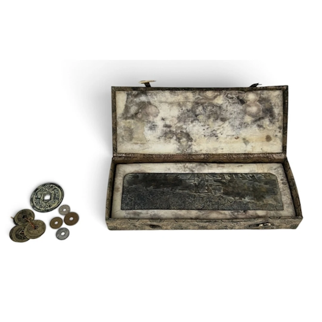 A COLLECTION OF ANTIQUE CHINESE COINS, TOGETHER WITH A JADE ...