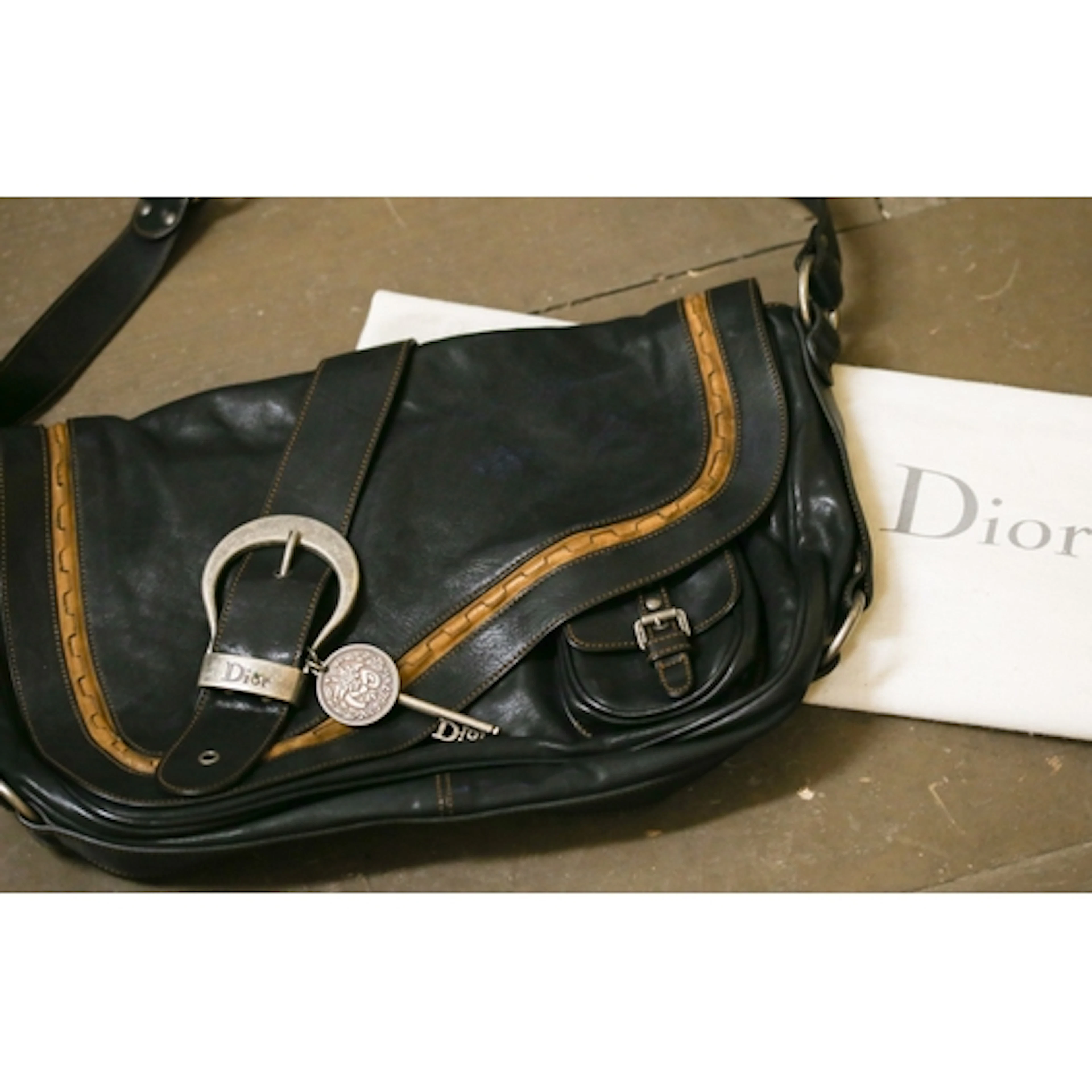 Vintage Christian Dior Gaucho Black Leather Crossbody Bag wi...