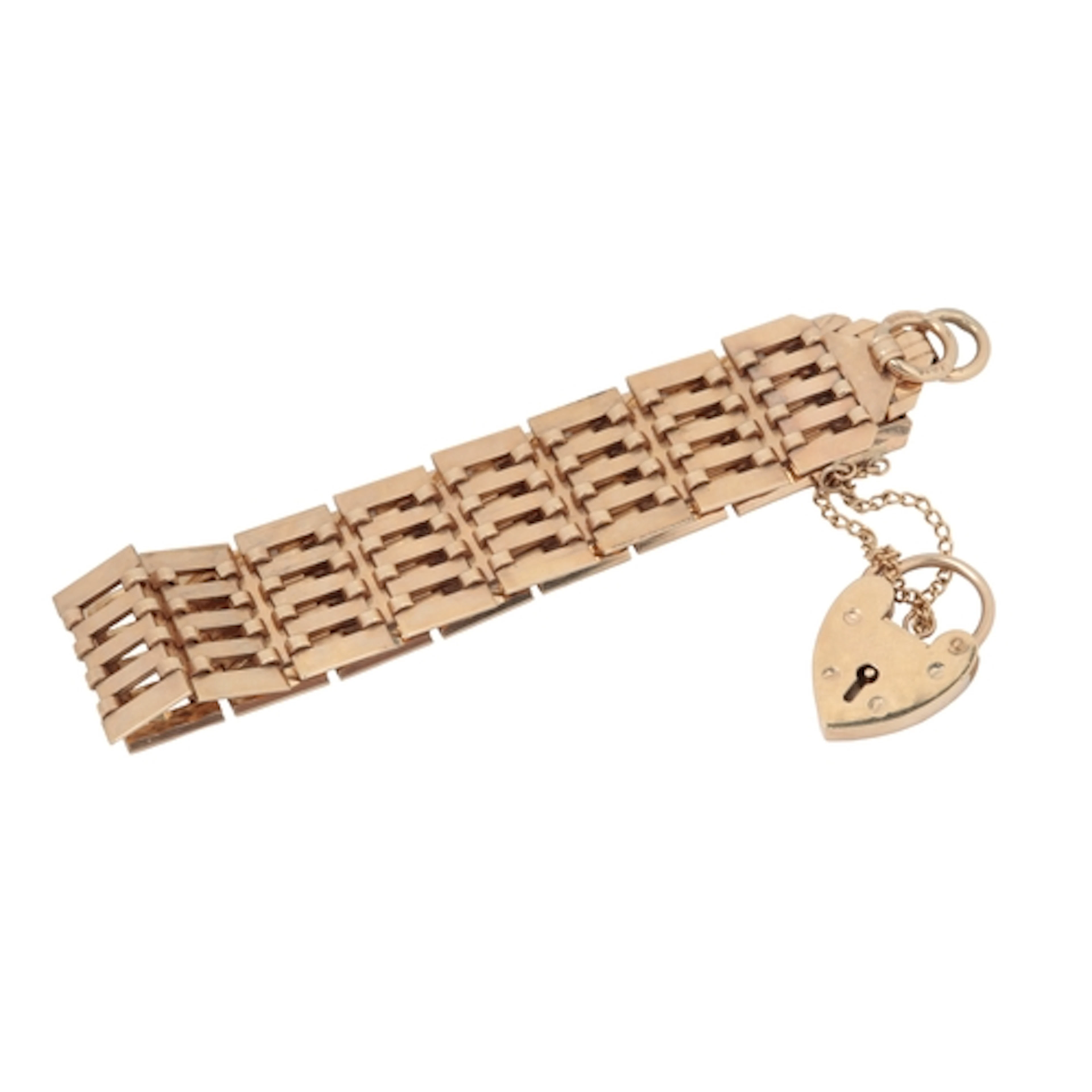 A 9ct gold bracelet, of gate linking, to a heart-shaped padl...