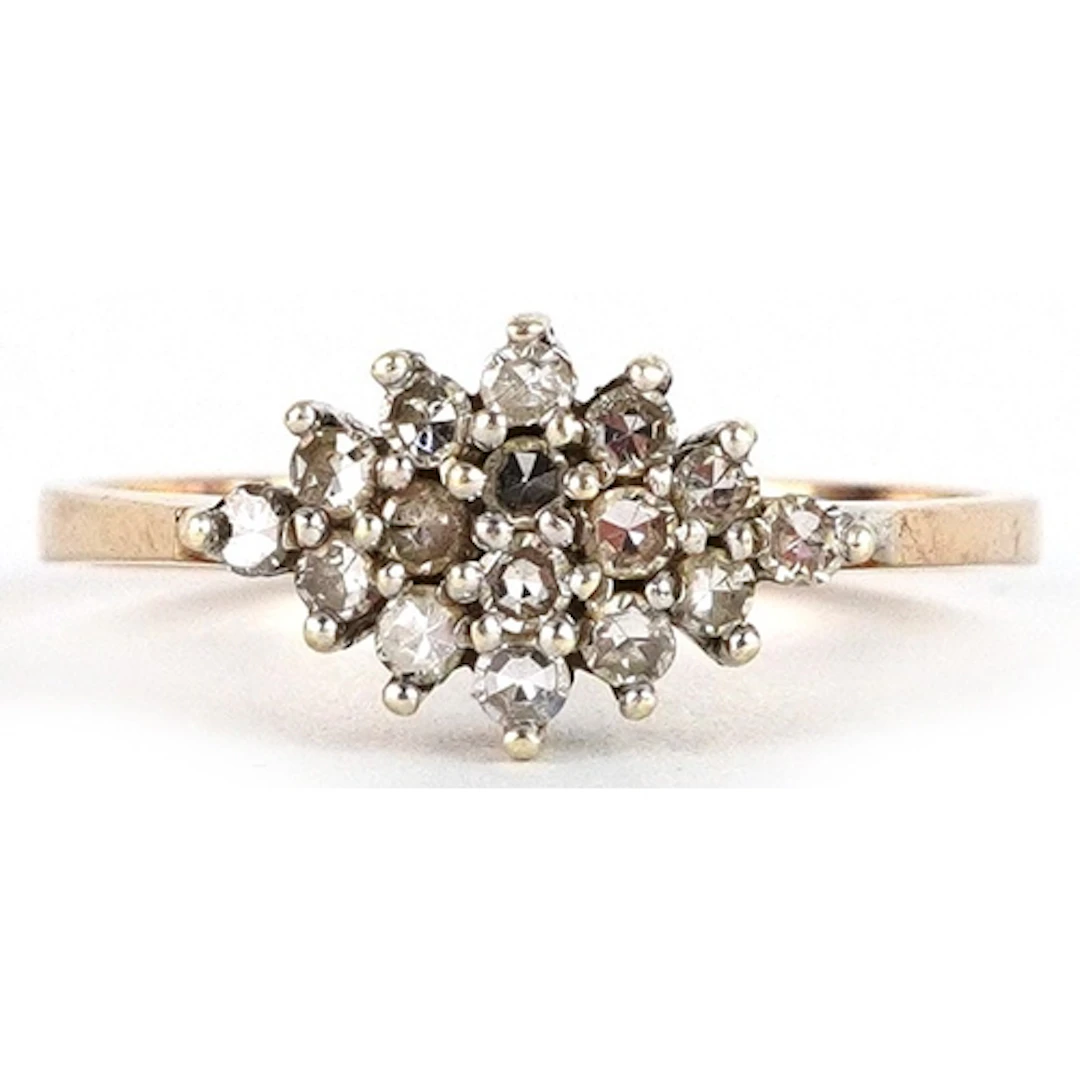 9ct gold diamond cluster ring, size M, 1.8g.
