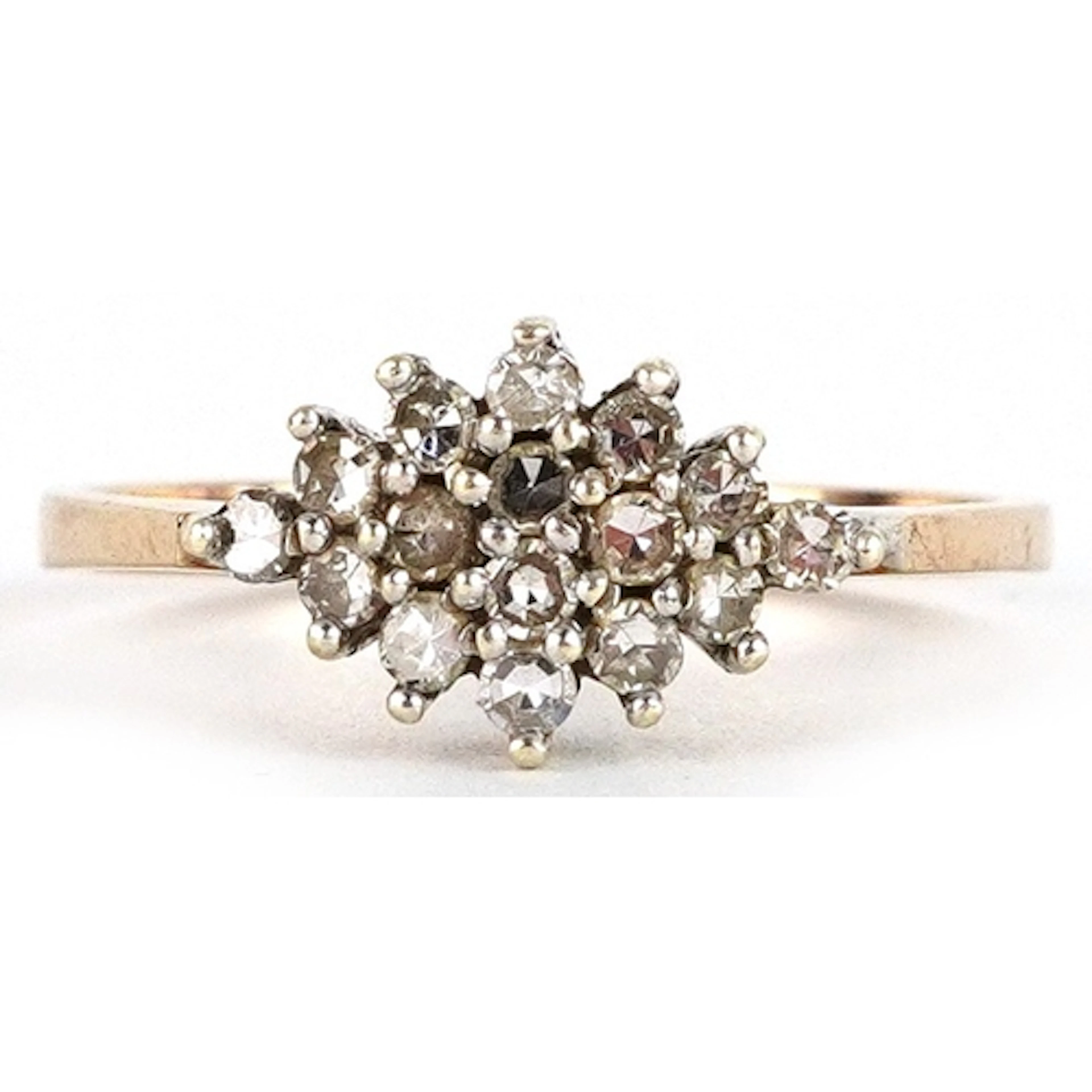 9ct gold diamond cluster ring, size M, 1.8g.