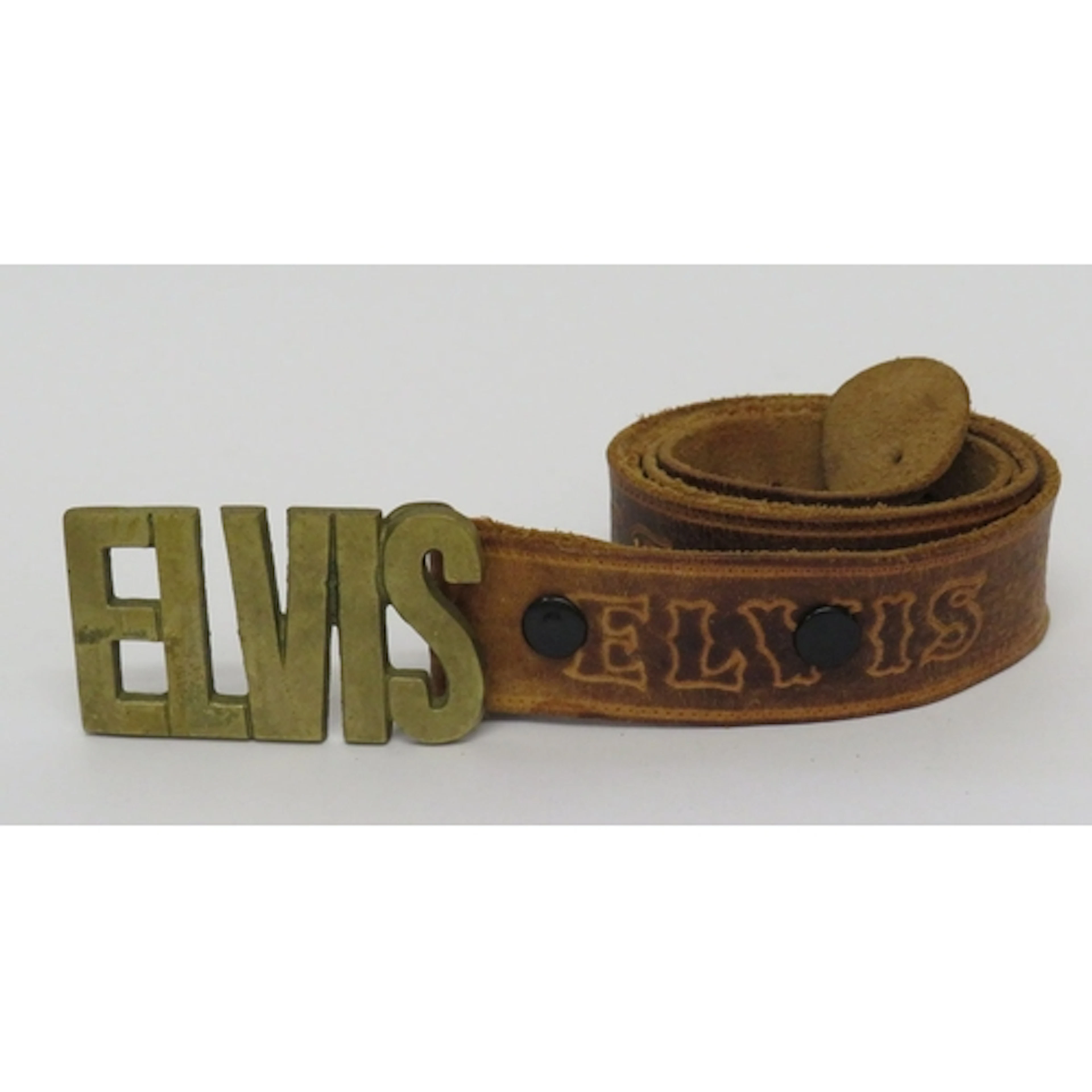 Vintage Elvis Presley Belt, tan leather with brass buckle