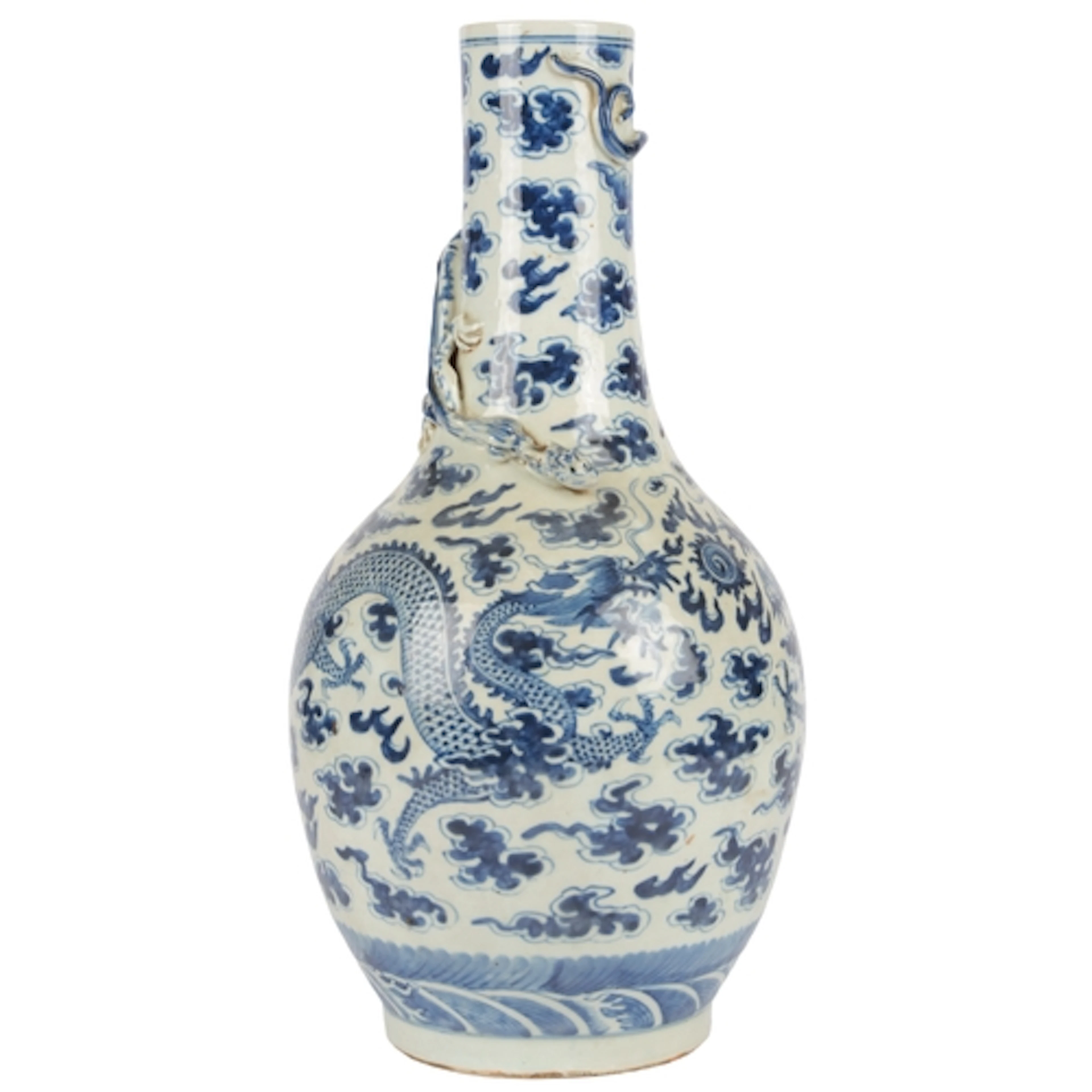 A tall Chinese blue and white 'dragon' bottle vase, 19th cen...