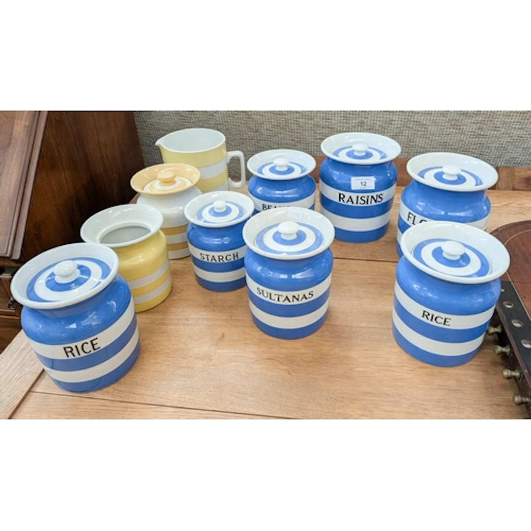 Seven Cornish ware blue and white kitchen storage jars, two ...