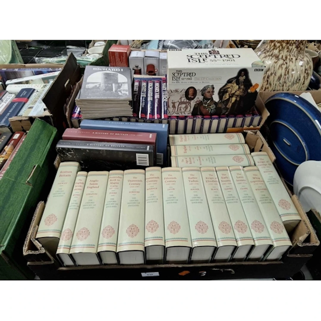 TWO BOXES OF ENGLISH HISTORY BOOKS containing forty-nine his...
