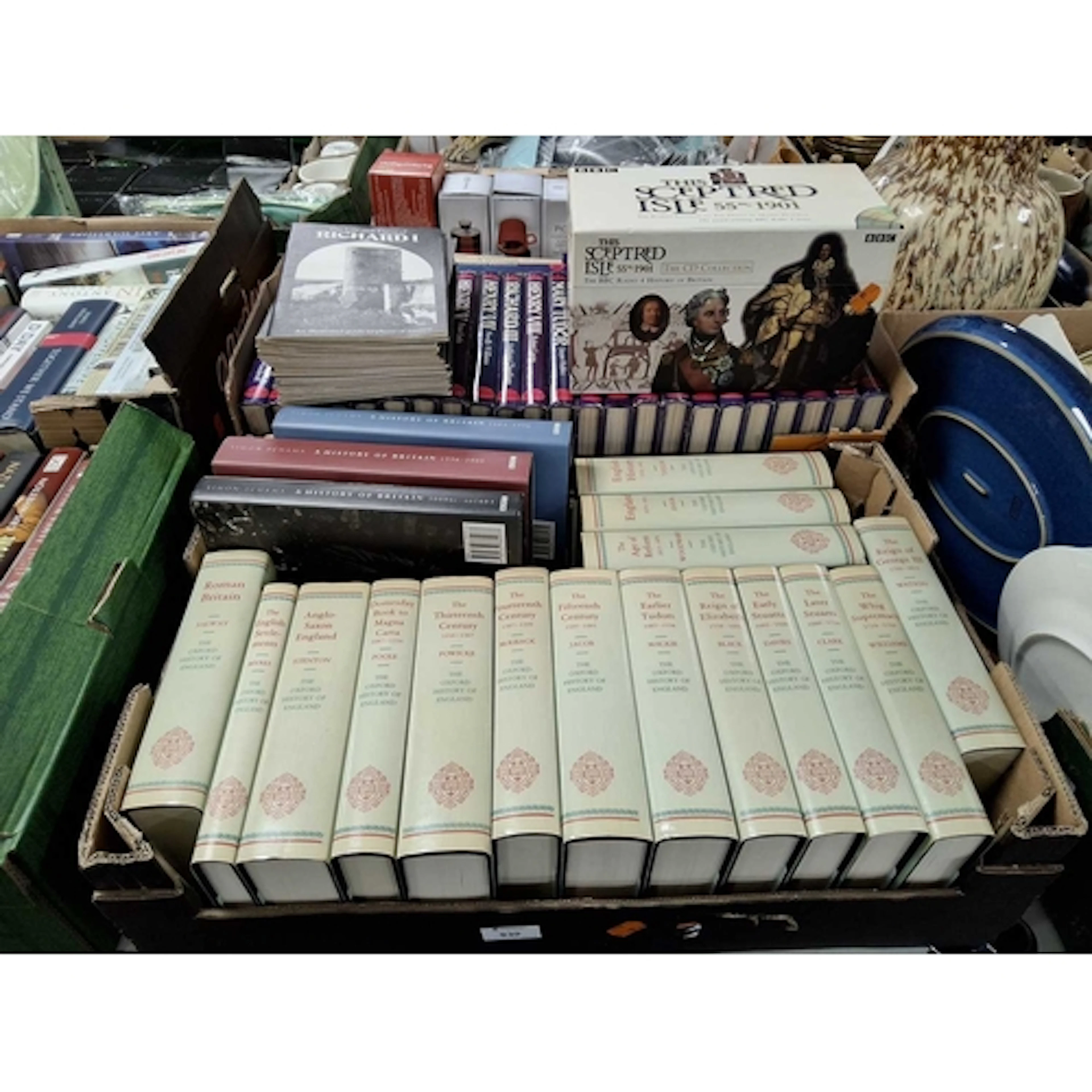 TWO BOXES OF ENGLISH HISTORY BOOKS containing forty-nine his...