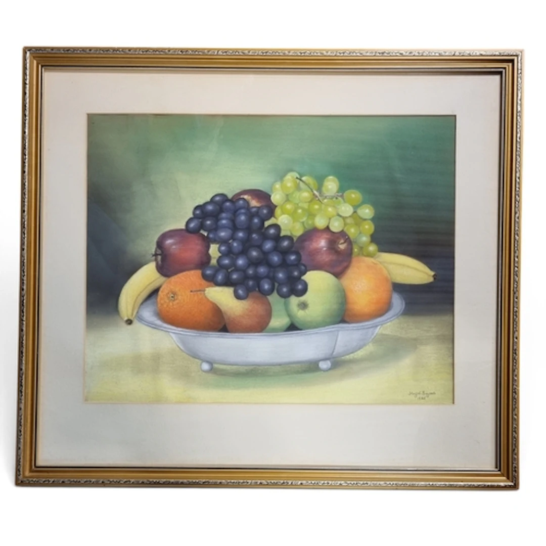 A large Pastel still life of Fruit in a bowl on a table sett...