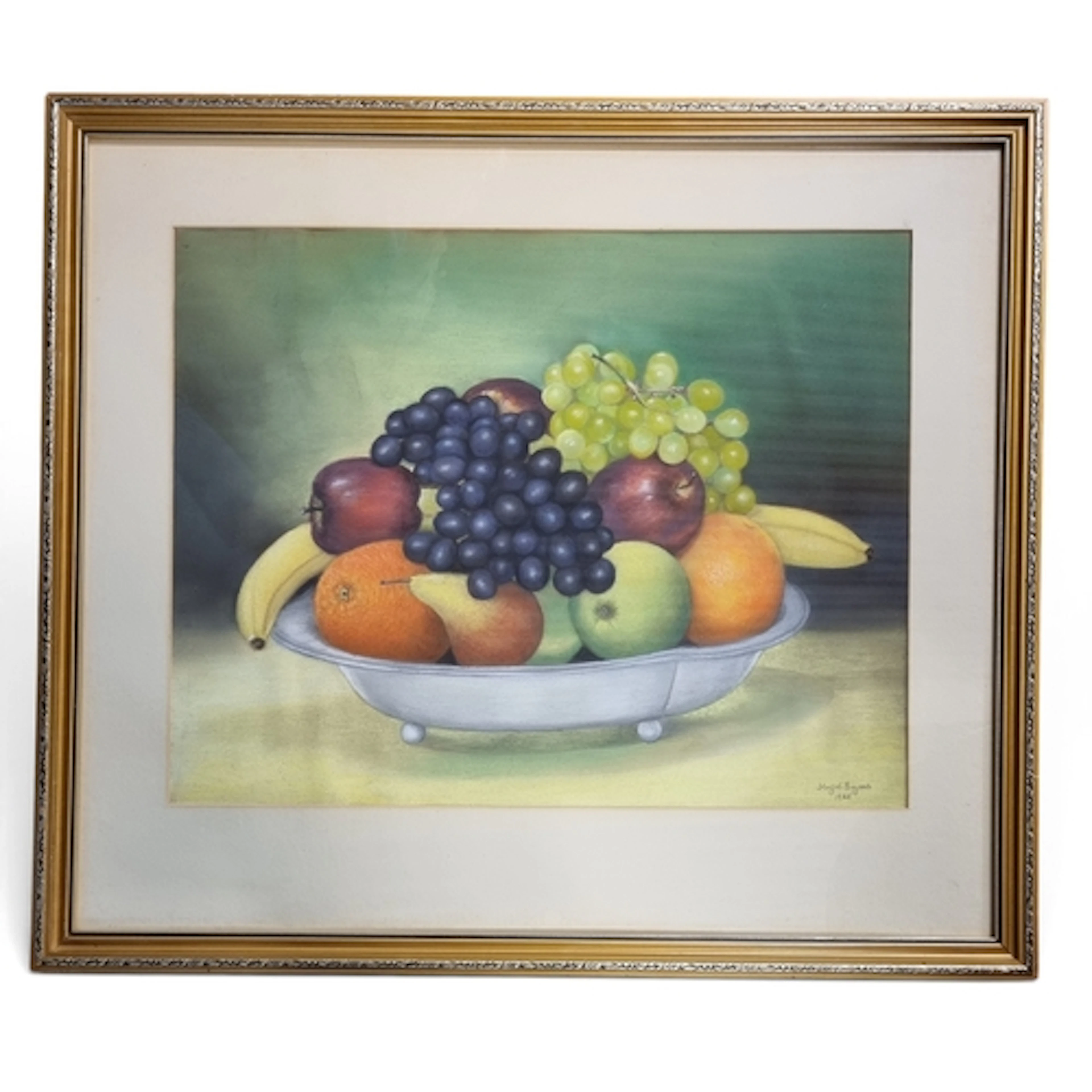 A large Pastel still life of Fruit in a bowl on a table sett...