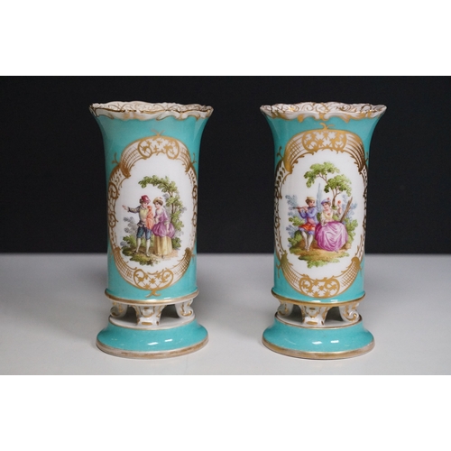 Pair of 19th century continental porcelain spill vases, turq...