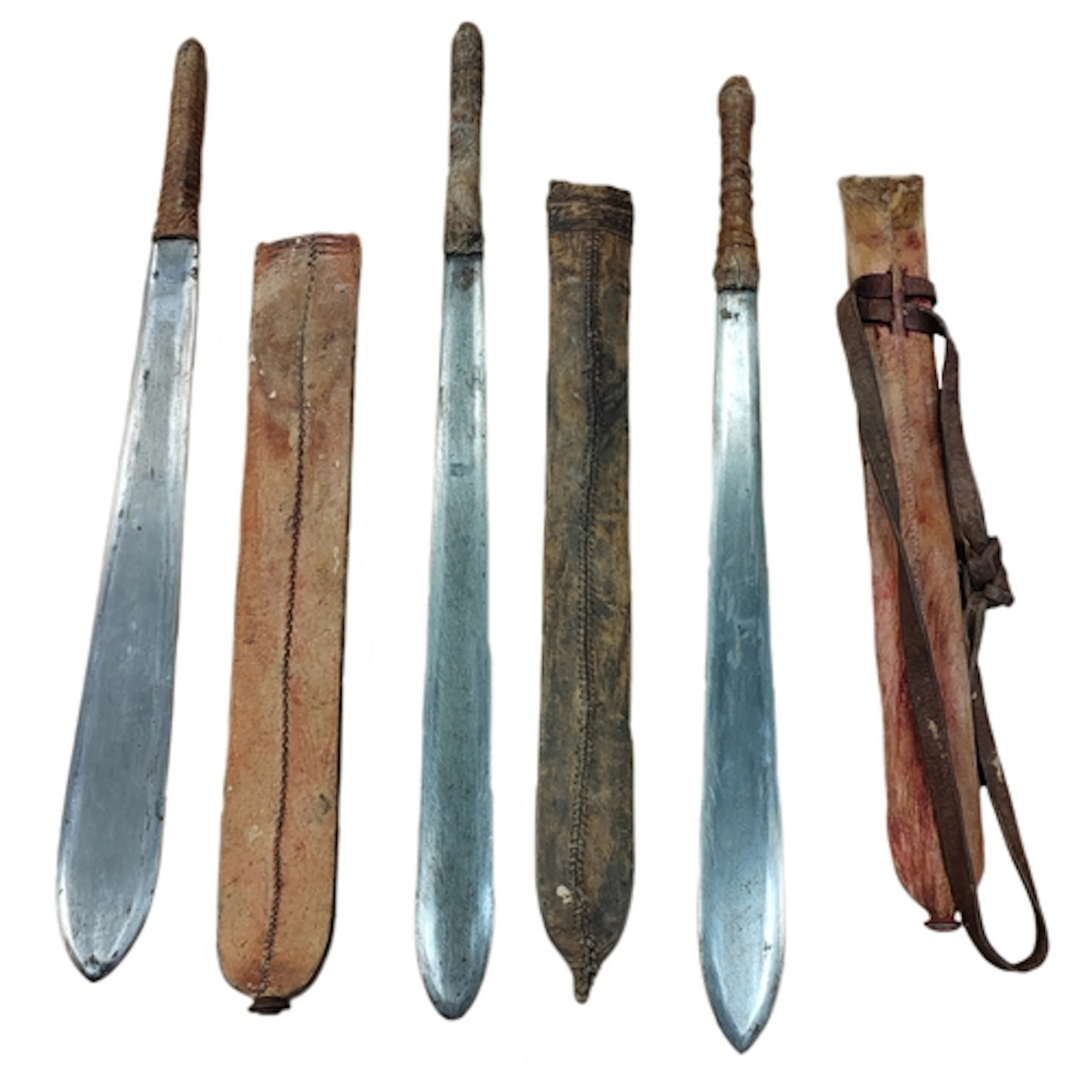 Maasai short swords with scabbards (3), slight knicks to bla...