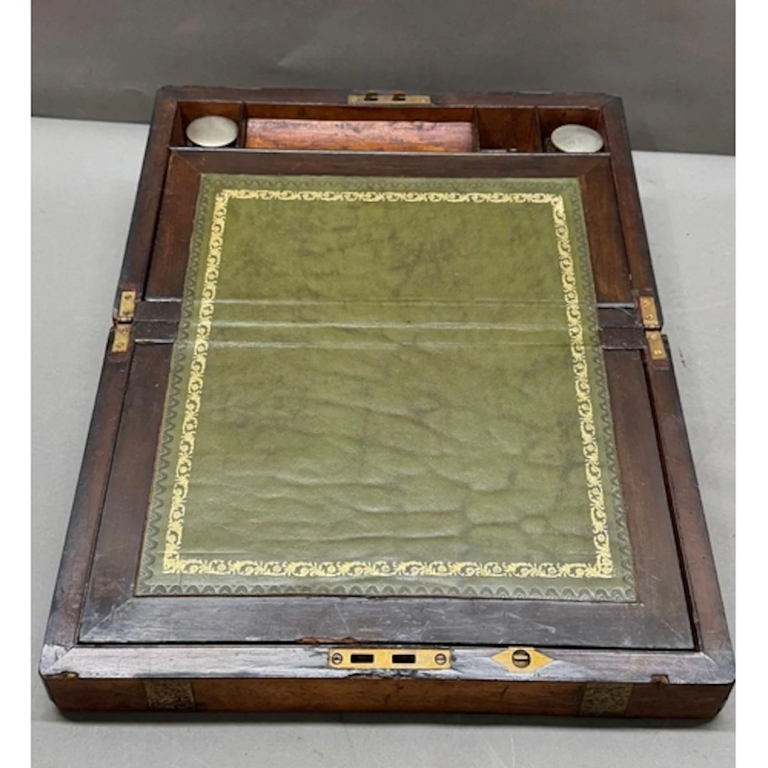 A brass-banded mahogany antique writing slope with original ...
