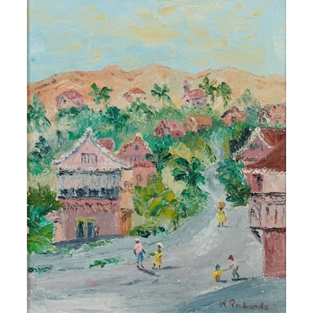 K Richards - African village scene, 20th century oil on canv...