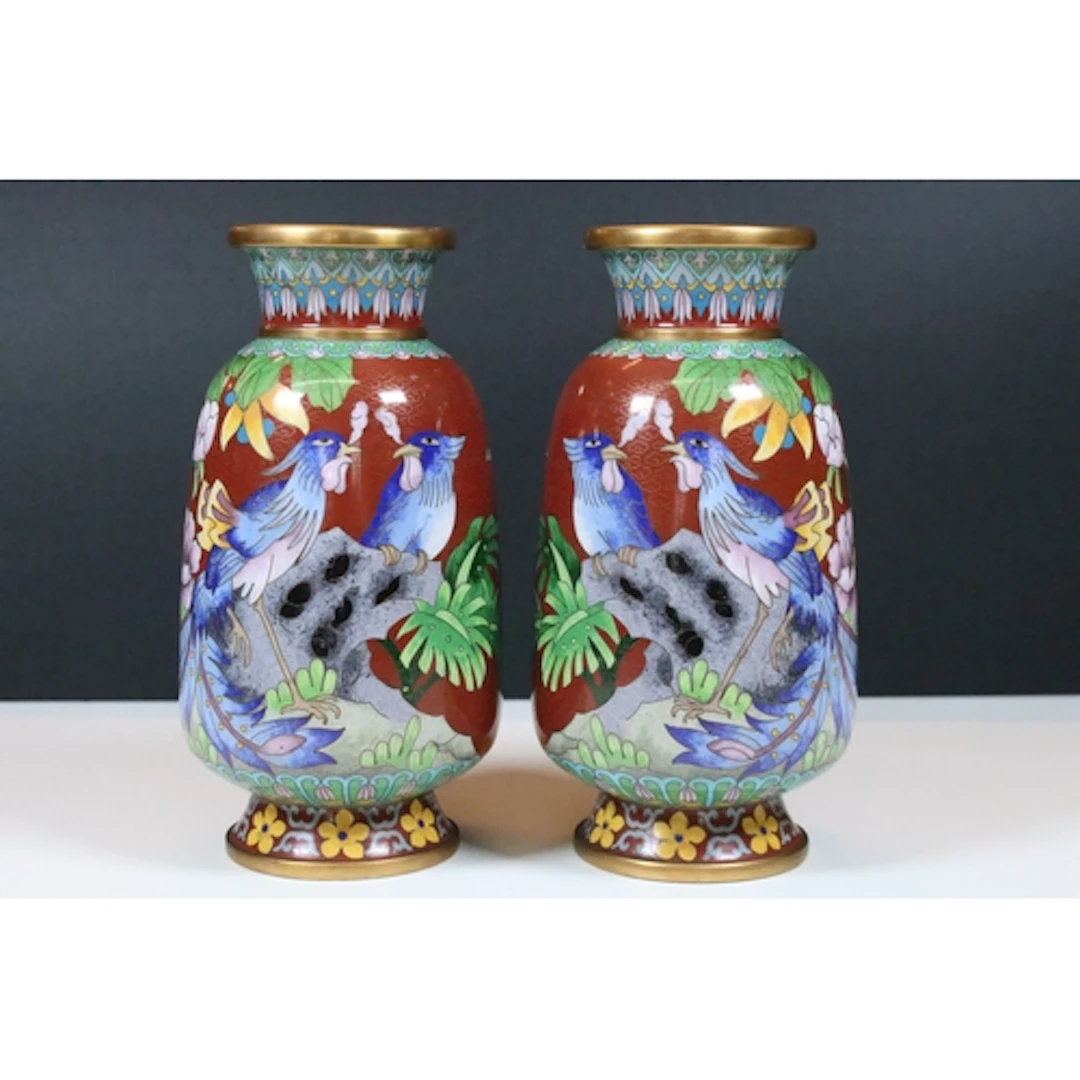 Pair of 20th century Chinese cloisonne red ground vases, dec...
