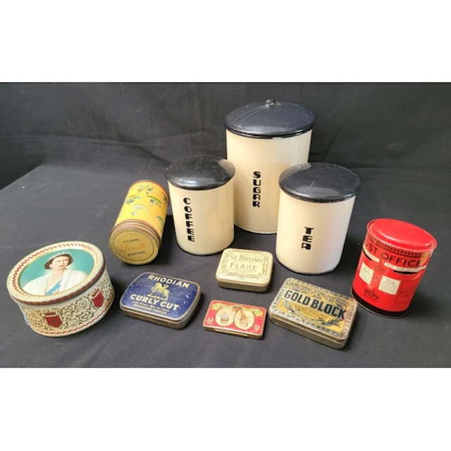 COLLECTION OF METAL TINS including Art Deco style tea, coffe...