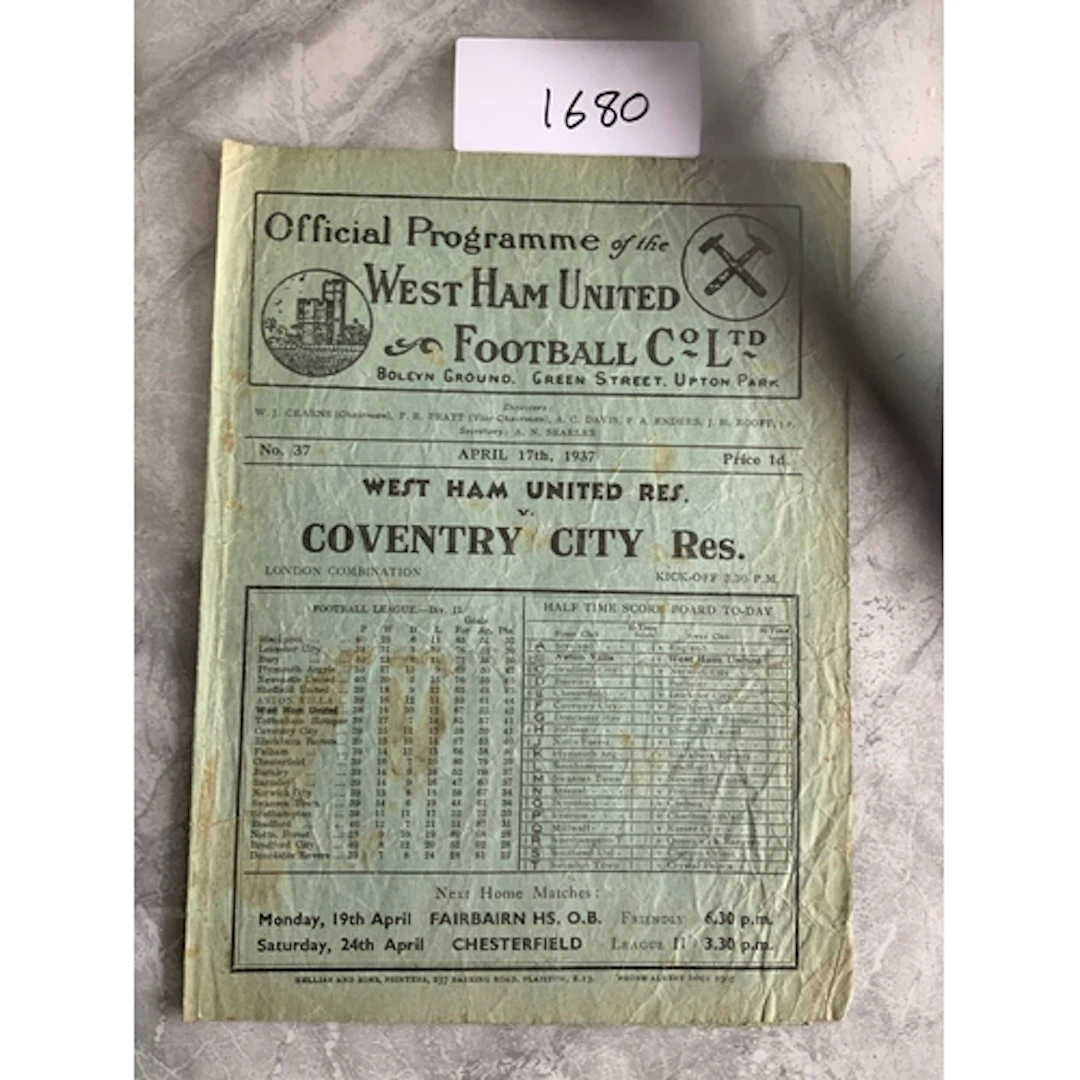 36/37 West Ham v Coventry Football Combination Programme: Fa...