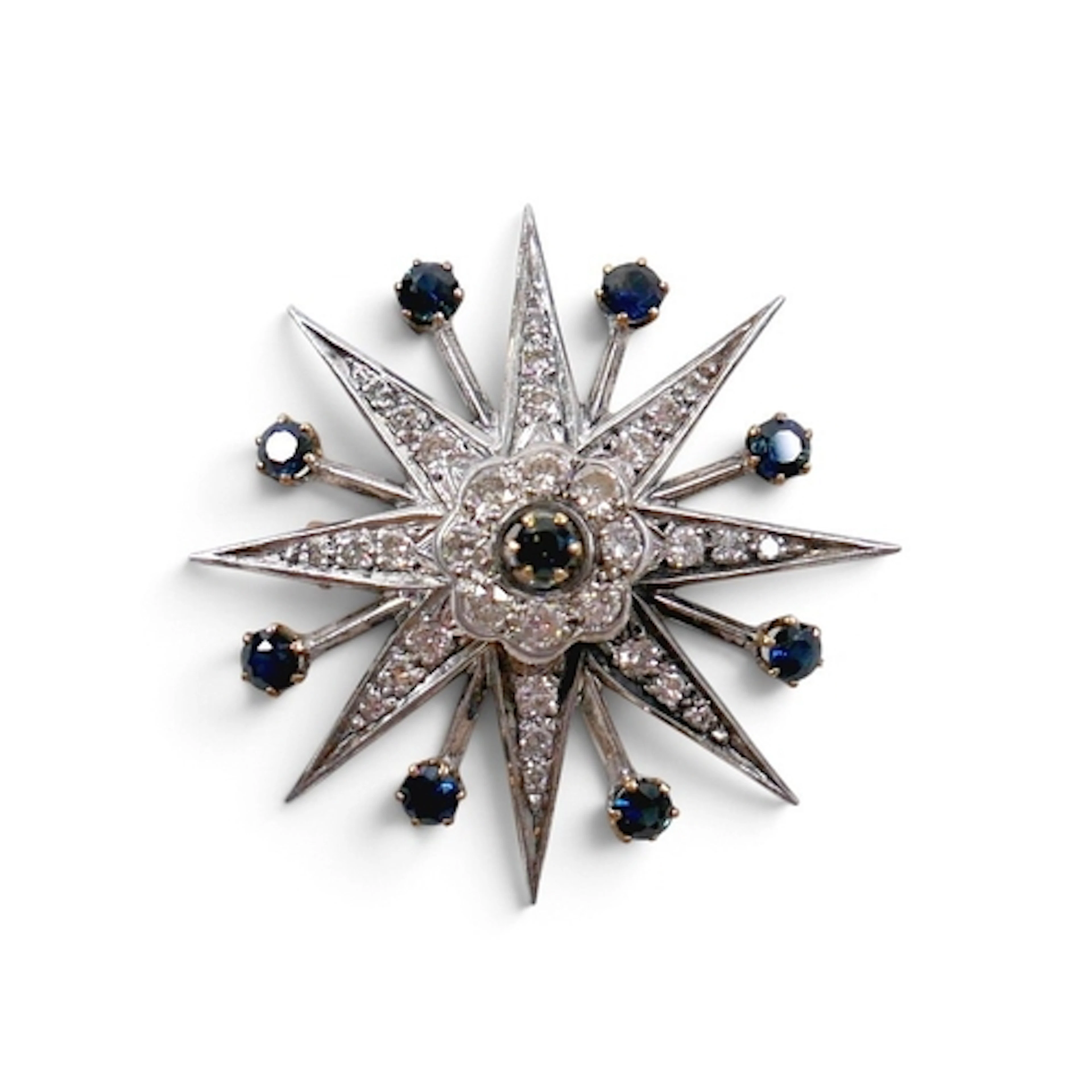 A LATE VICTORIAN DIAMOND AND SAPPHIRE SET STARBURST BROOCH. ...