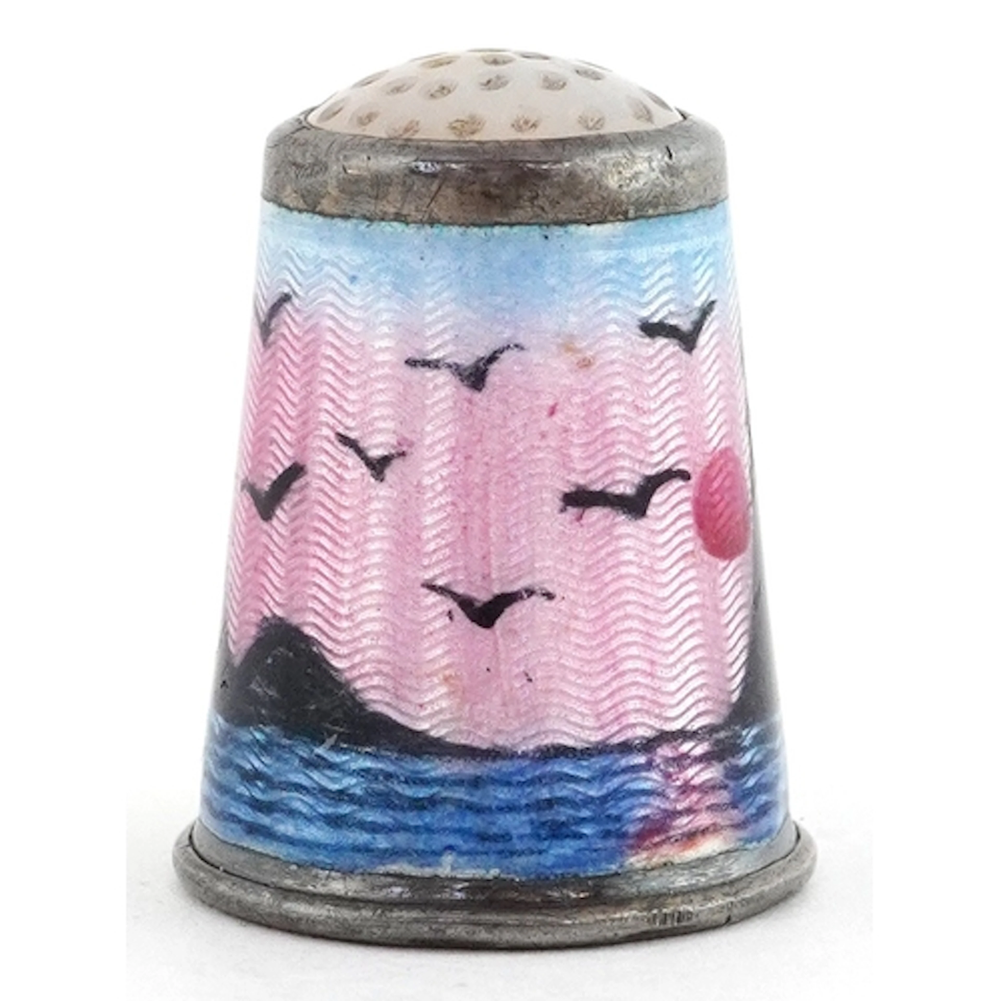 Continental silver and guilloche enamel thimble hand painted...