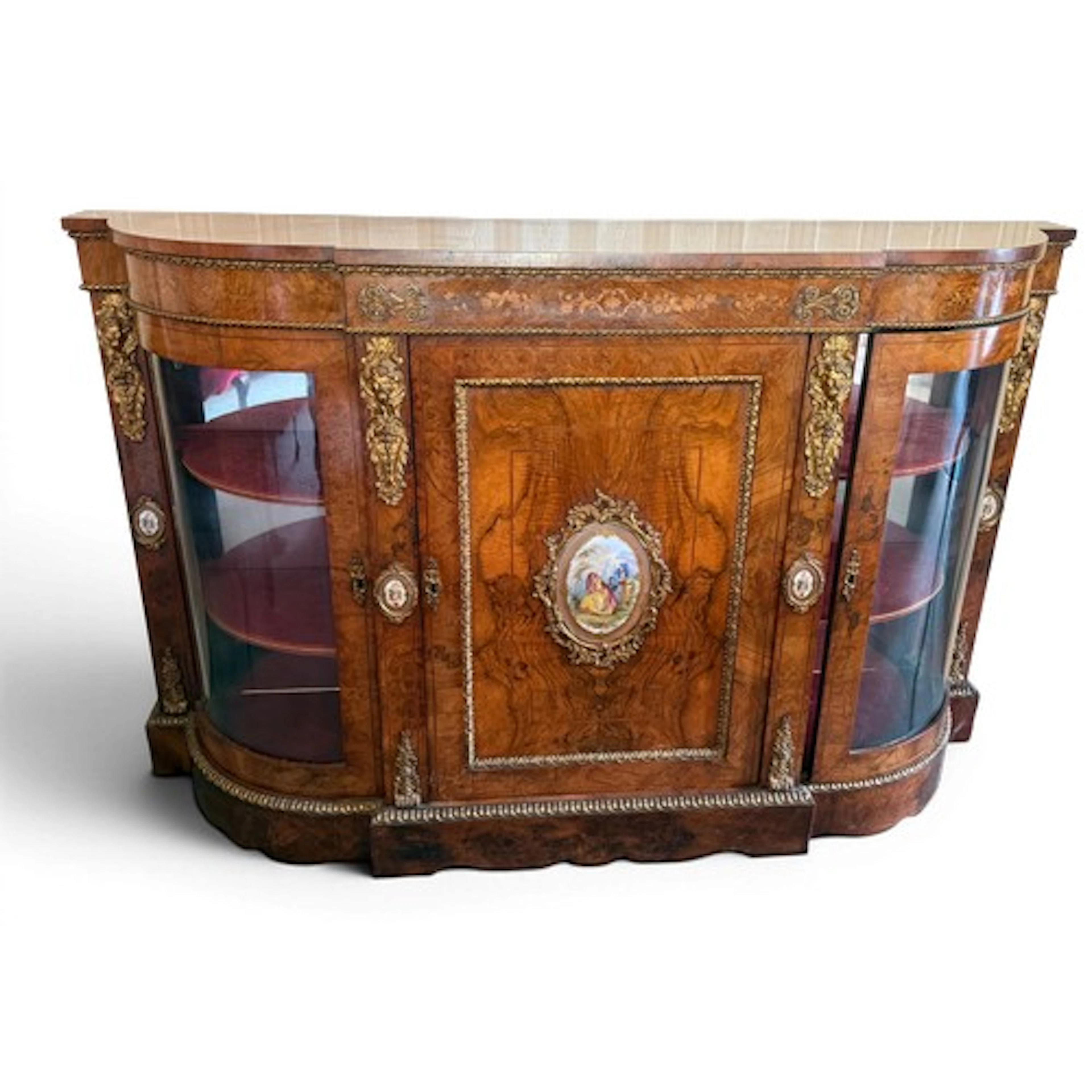 Victorian Burr walnut credenza with ceramic plaques and gilt...