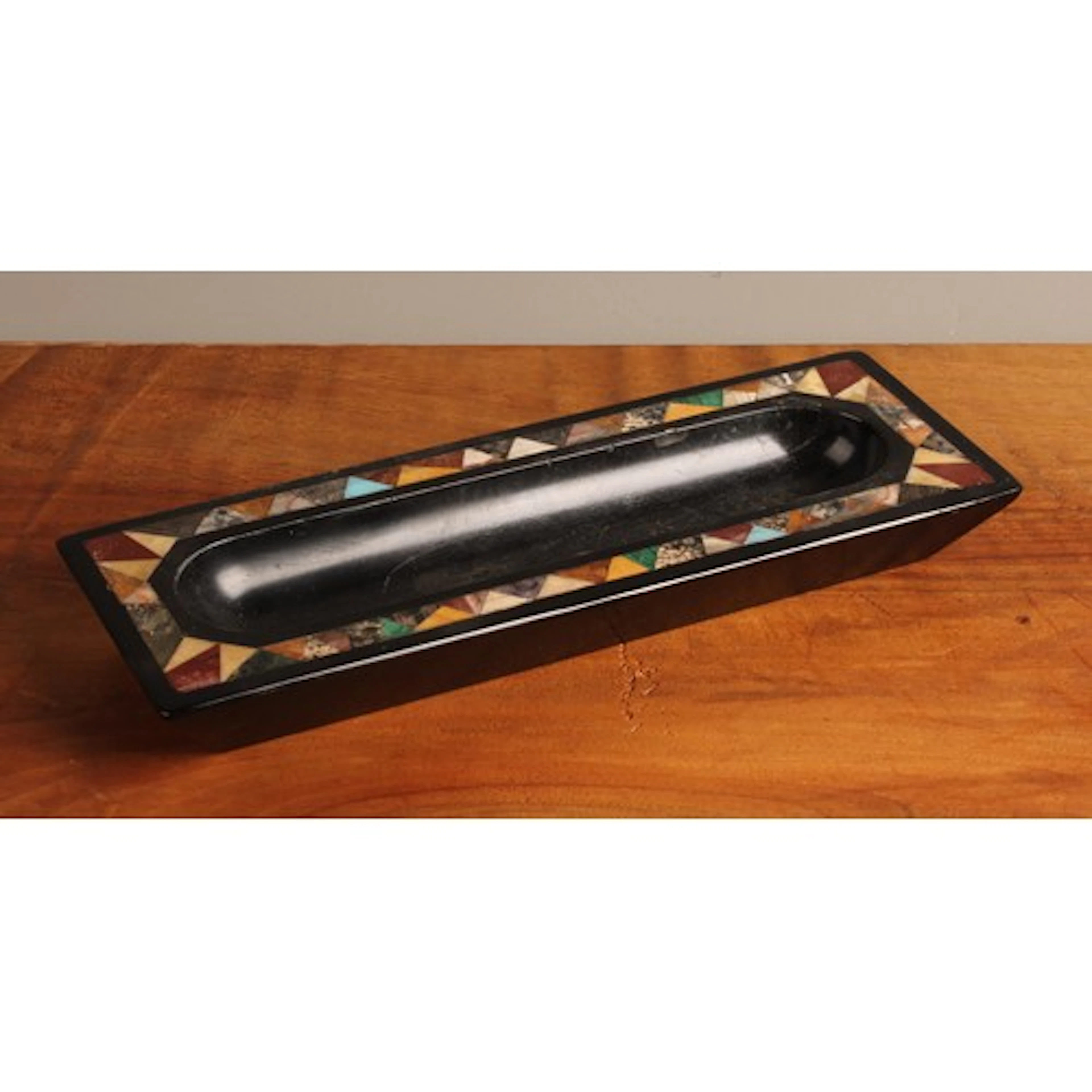 A 19th century Torquay marble pen tray, pietra dura inlaid w...