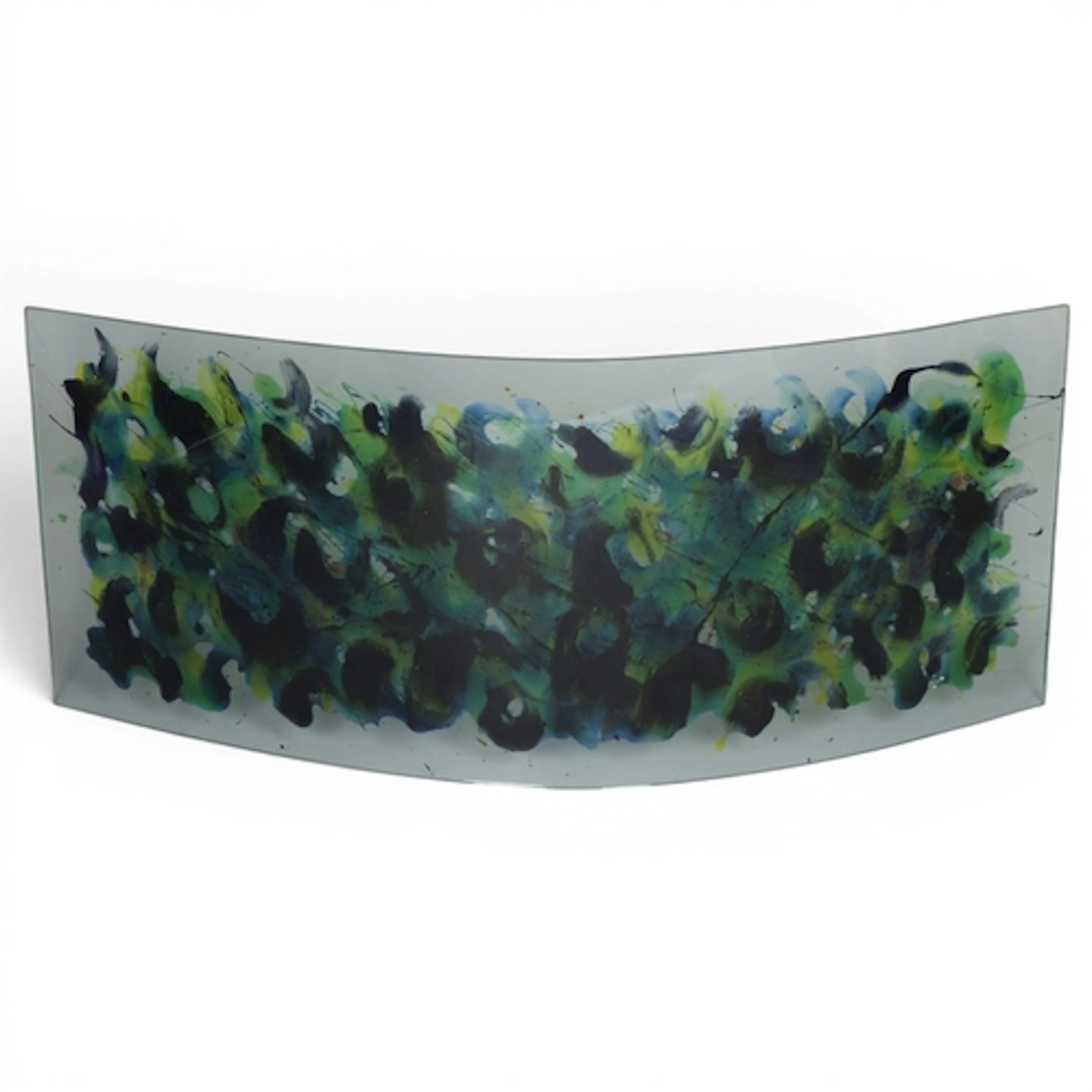 A large hand made thick curved glass panel with abstract col...