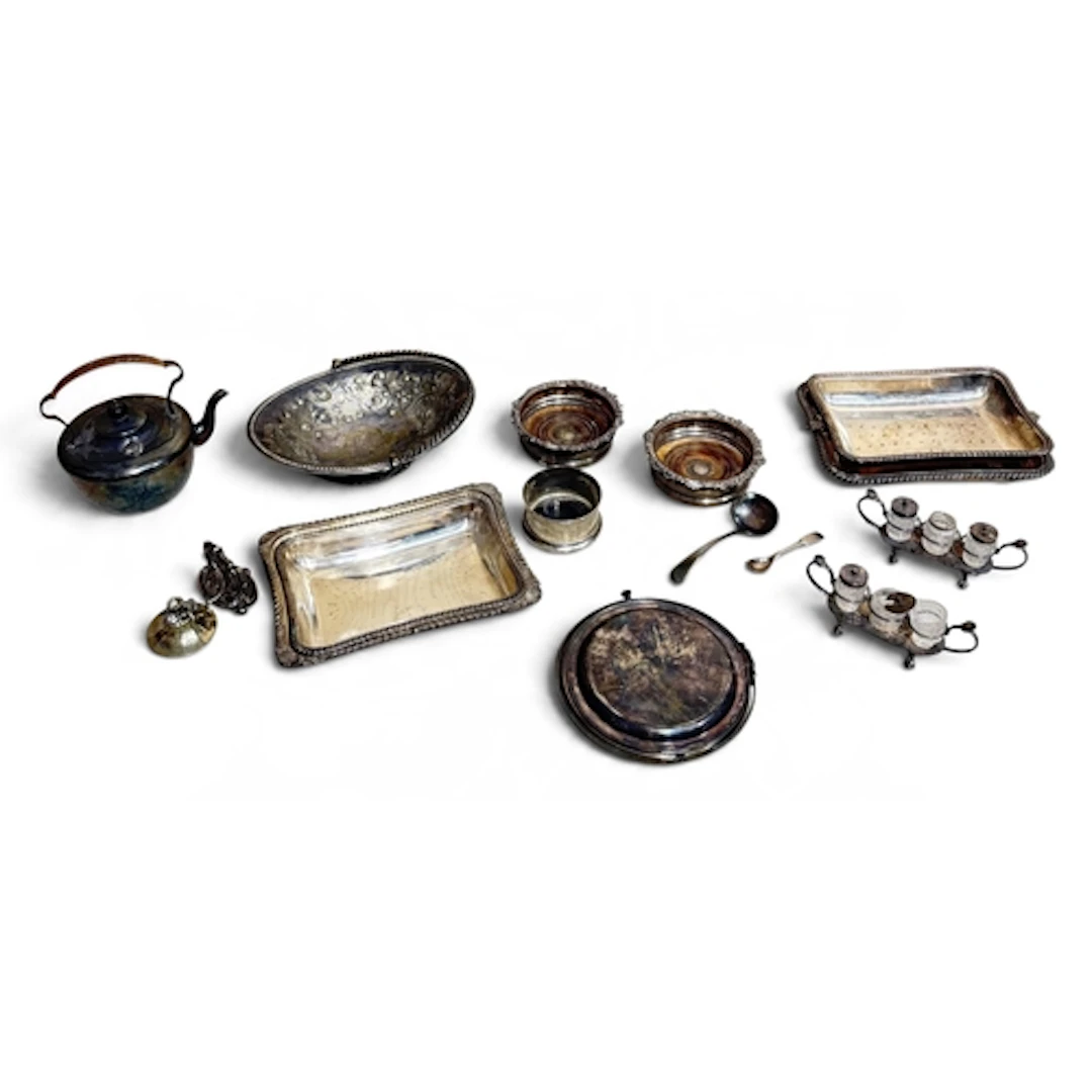A PAIR OF OLD SHEFFIELD PLATE COASTERS AND VARIOUS ELECTROPL...