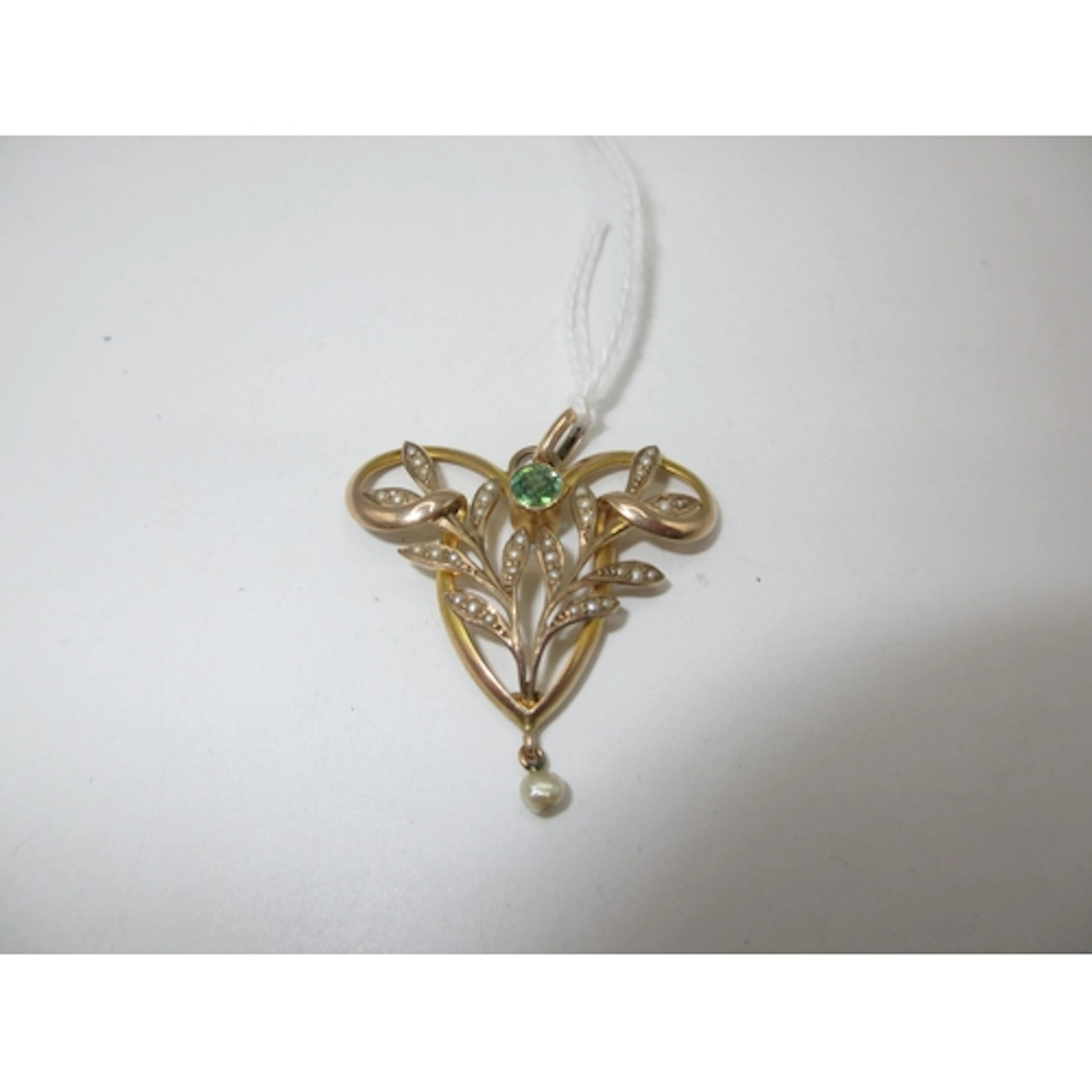 Art Nouveau 9ct Gold Peridot and Seed Pearl Pendant, 4g