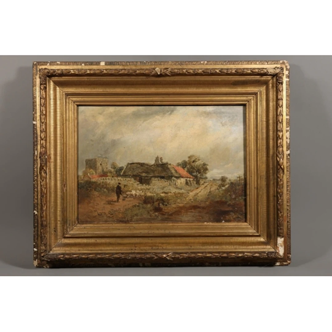 19TH CENTURY SCHOOL, shepherd with flock before farm buildin...