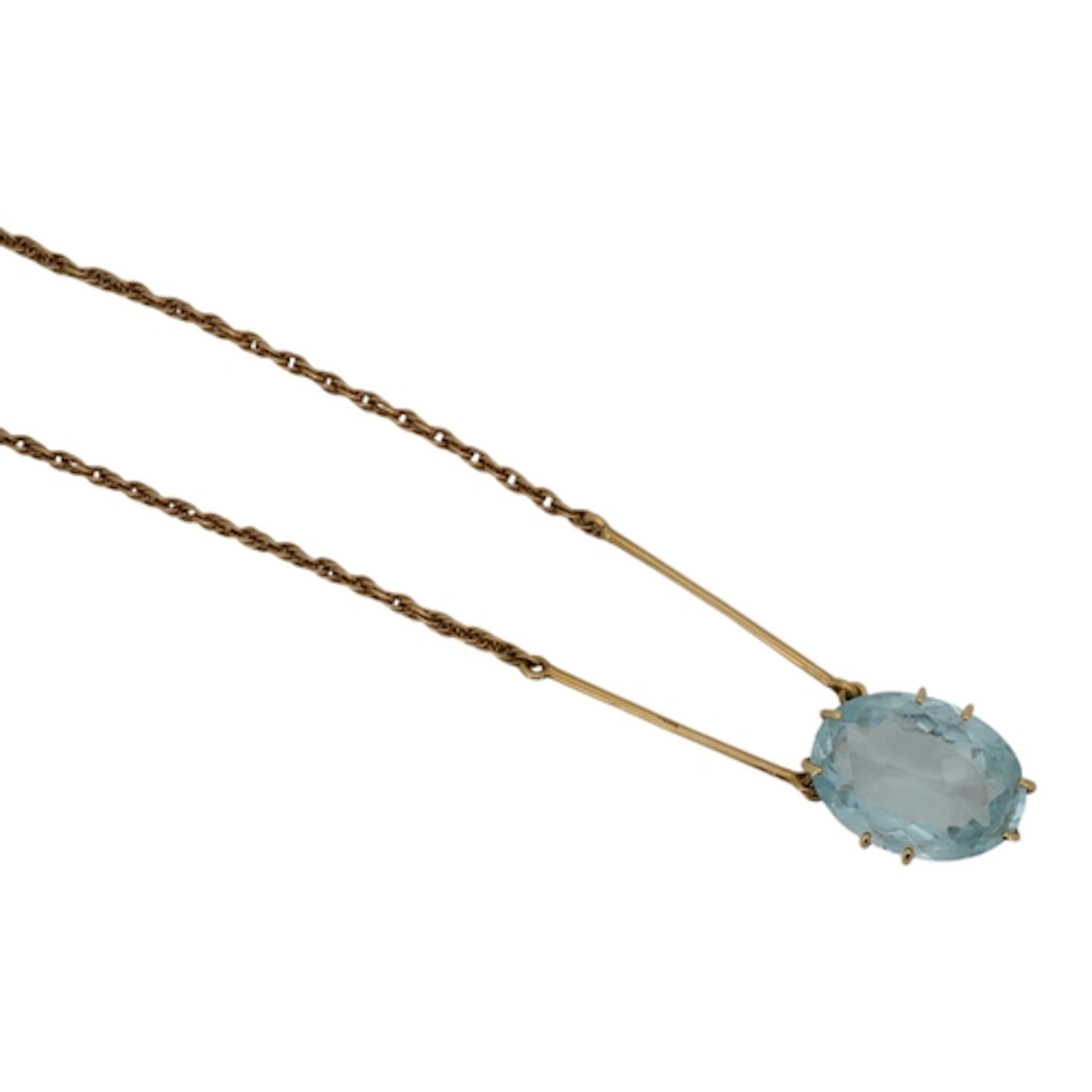 An aquamarine and gold pendant necklace, claw-set with an ov...