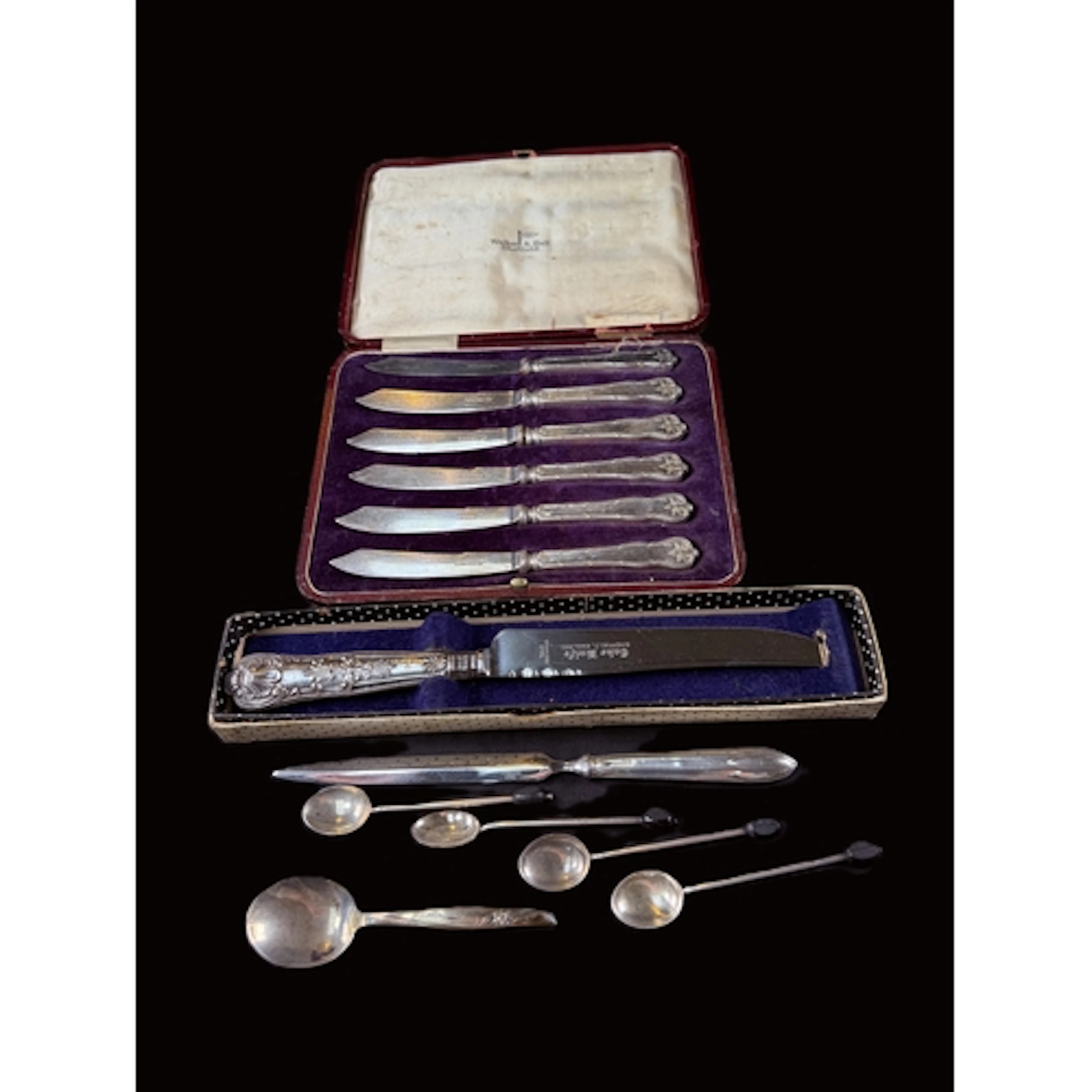 A set of 4 silver coffee spoons, a Gorham spoon; other items...