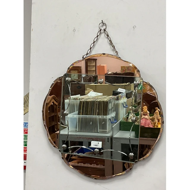 Art Deco Wall Mirror, with square centre and four pink tinte...