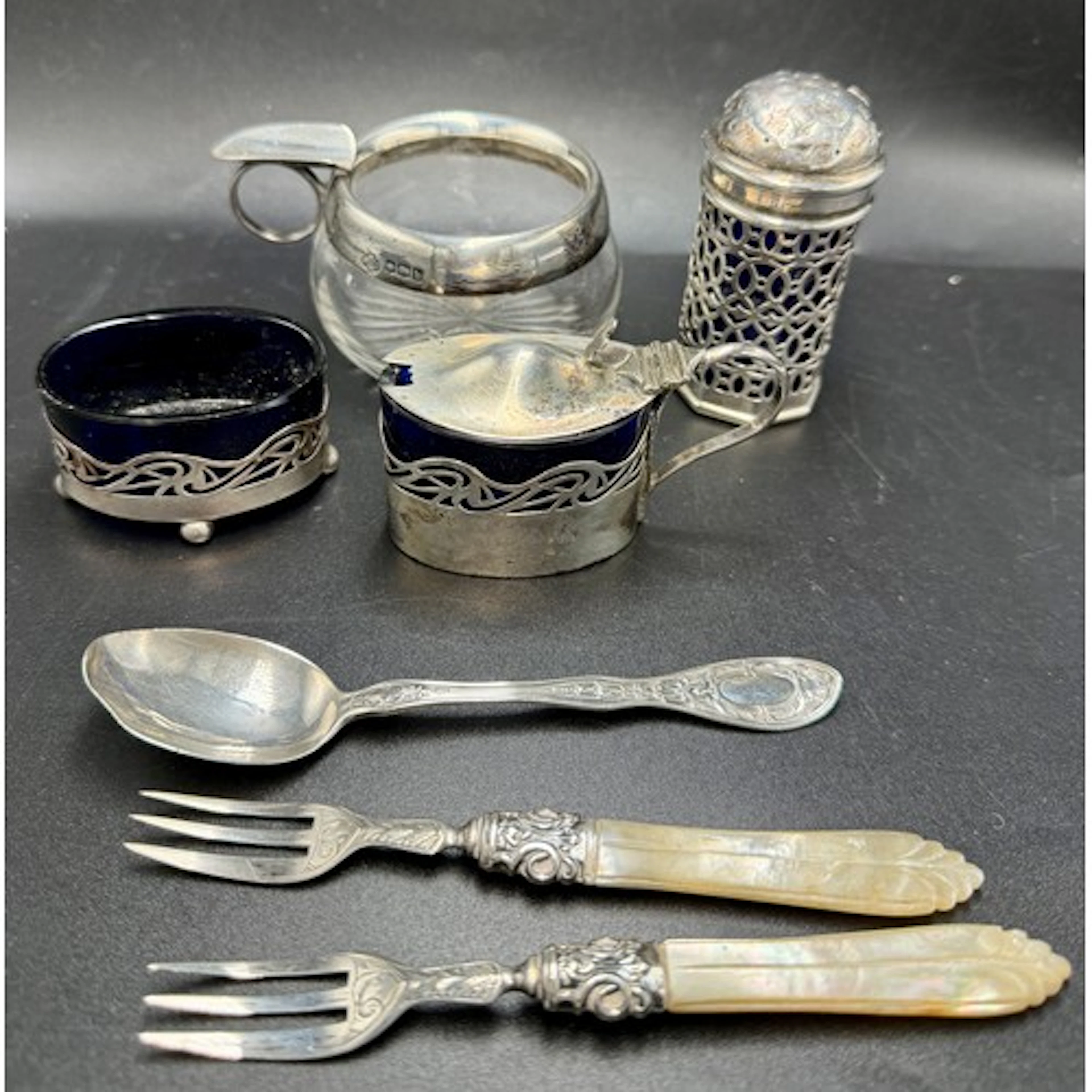 Hallmarked and sterling silver to include salt, mustard, pep...