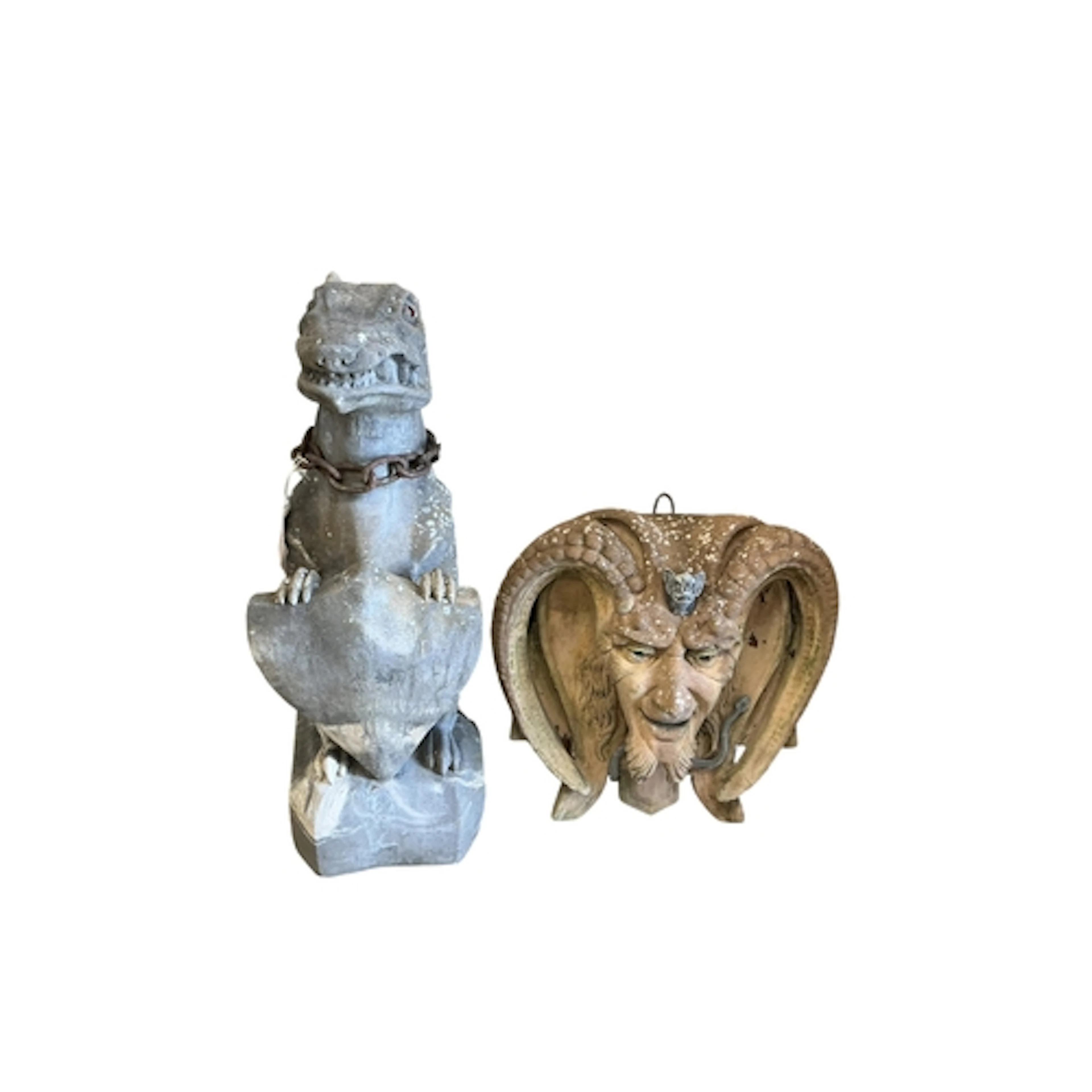 A stone dragon, height 78cm and a green man mask