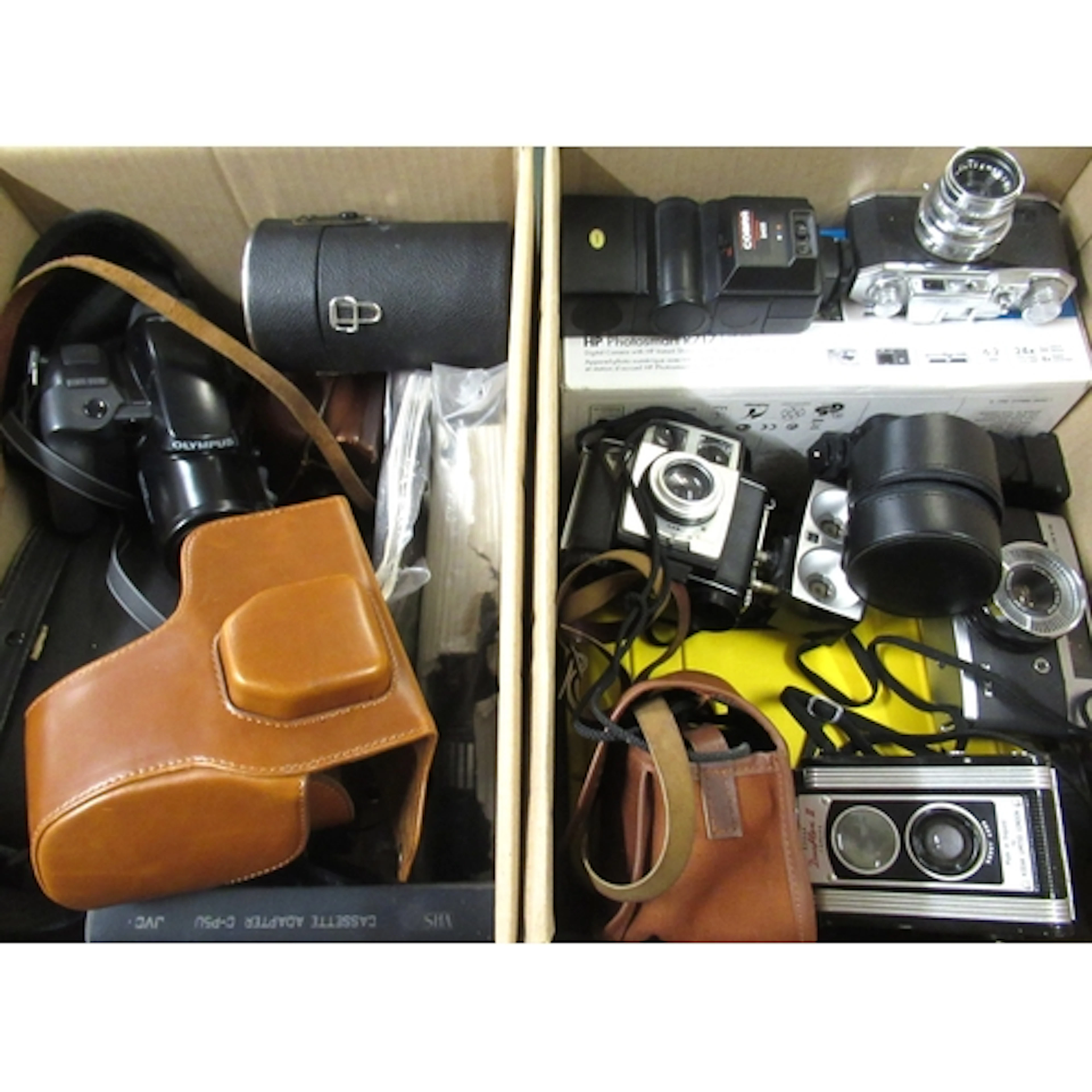 Two boxes of cameras, binoculars, and accessories