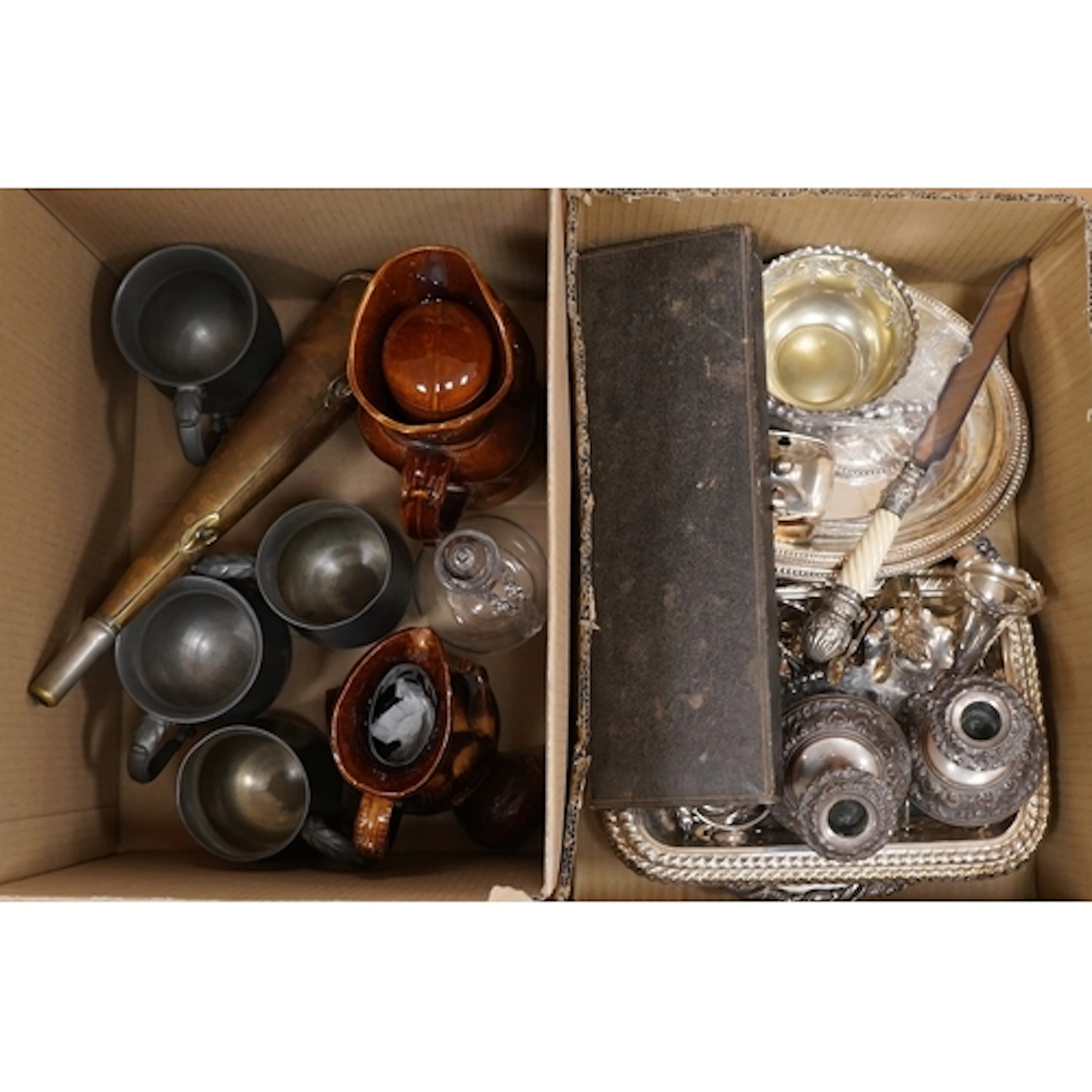 Assorted plated wares including pair of dwarf candlesticks, ...