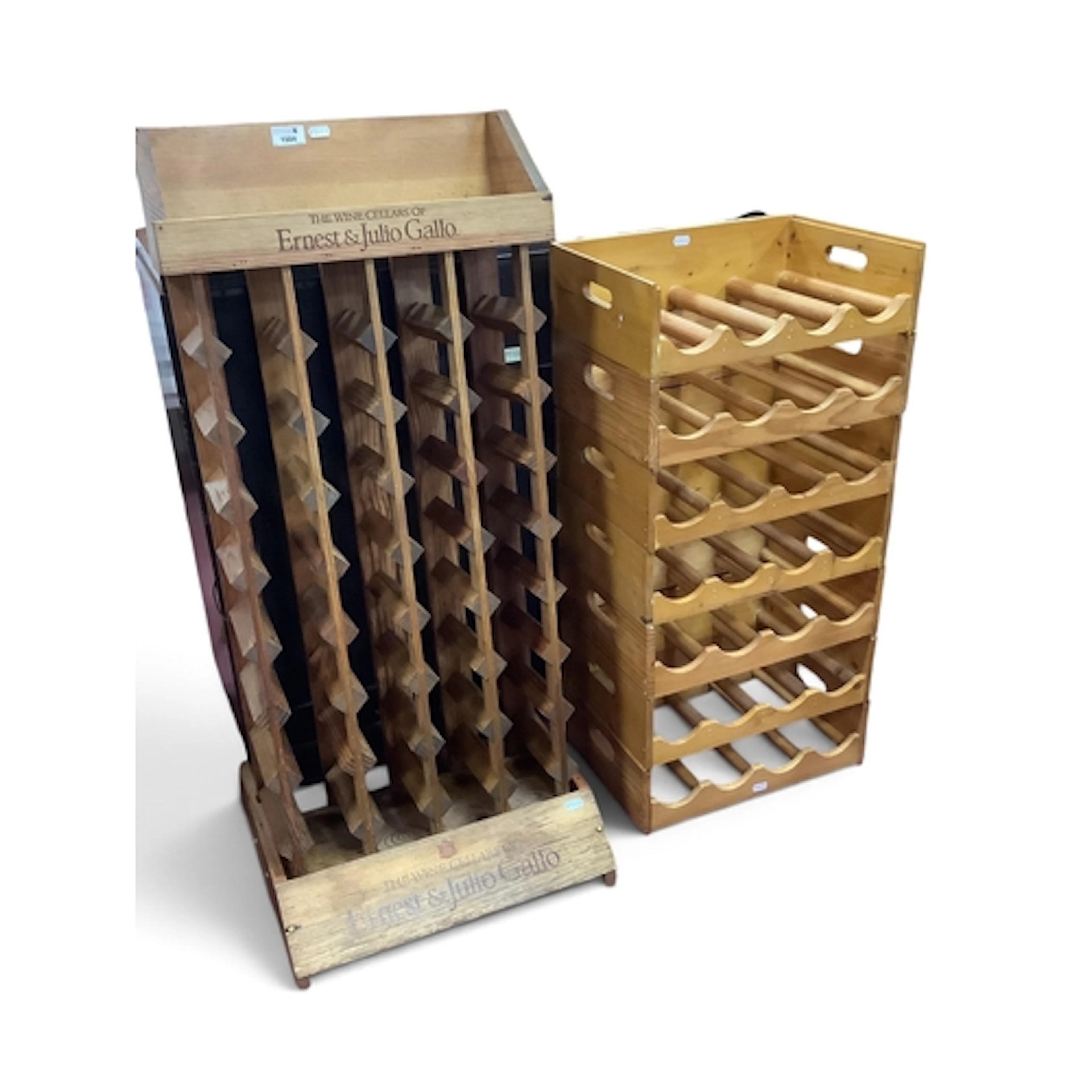 Two vintage wooden wine display racks, including branded fre...